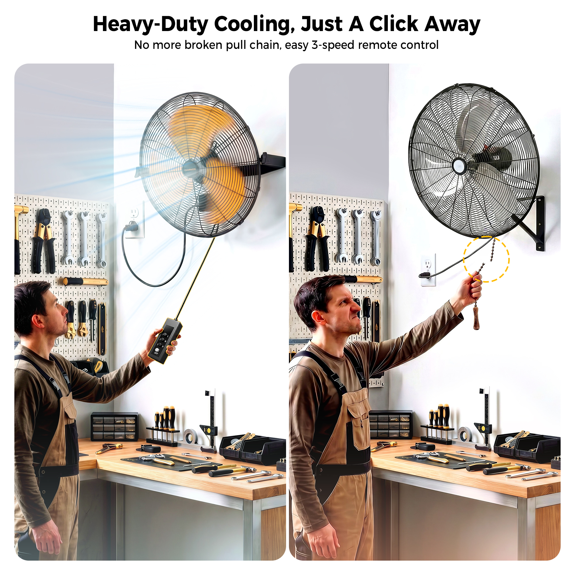 CAMMOO 18 Inch Wall Mount Fan with 600D Oxford Cover, IPX4 Waterproof | Outdoor Fans for Patios, Extended 3.3ft Wired Remote and 6.6ft Power Cord, 3-Speed High Velocity Wall Fan for Garage, 2 Pack