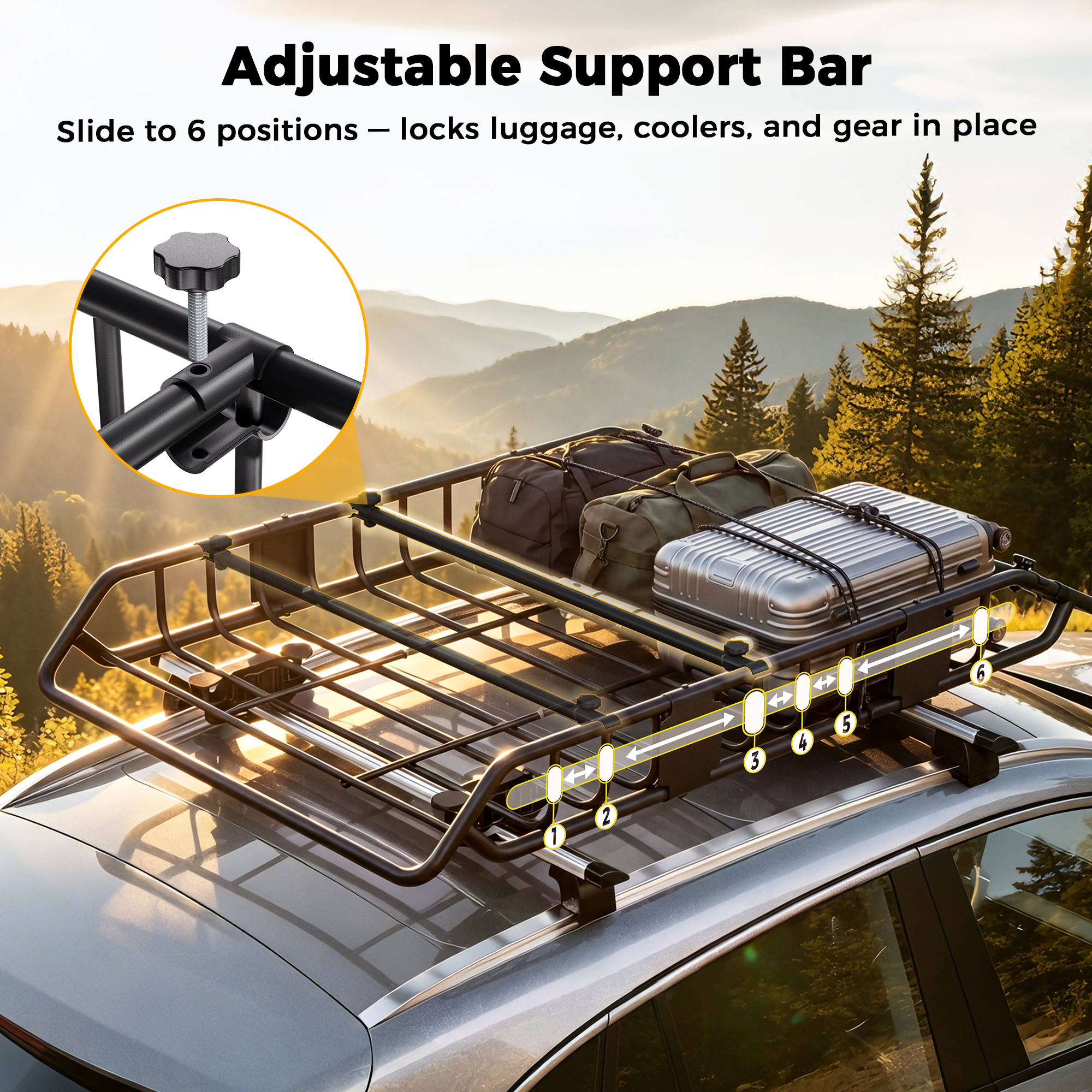 CAMMOO 54"x34" Roof Rack Basket, Removable Fairing & Support Bars for Kayaks/Long Gear, 15 Cu.Ft Waterproof Soft Bag+Lock+Net+Strap–200Lbs Capacity Rooftop Cargo Carrier for SUV Truck Camping