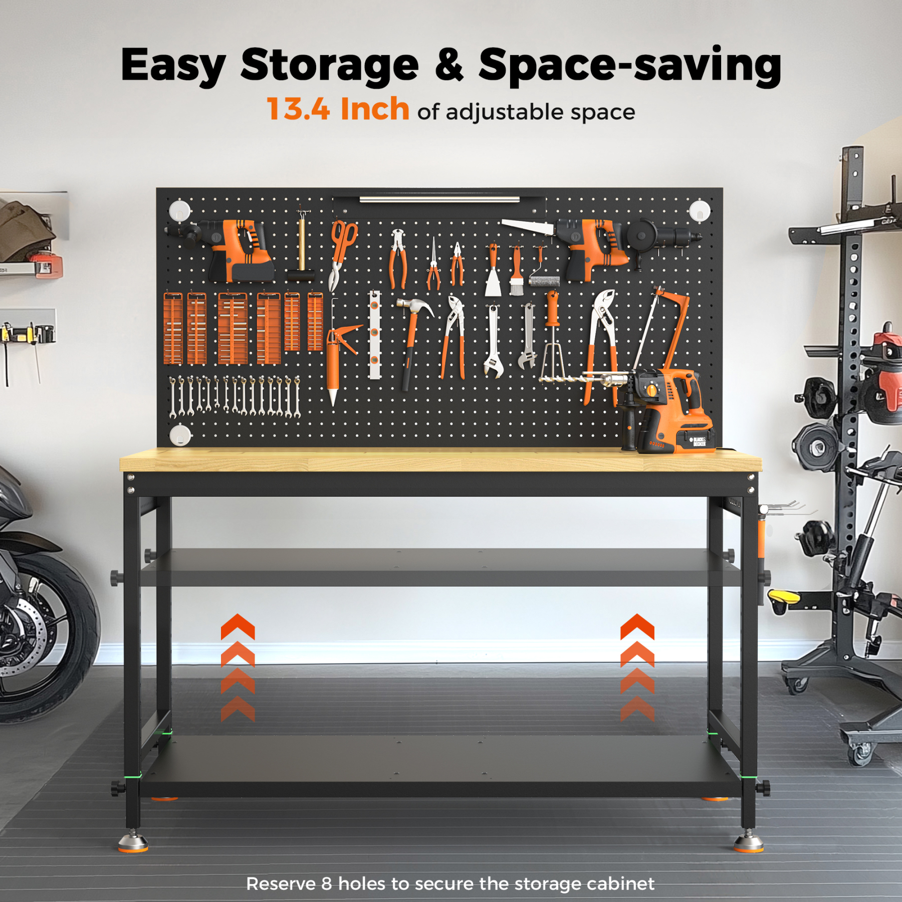 CAMMOO 48" Multifunctional Heavy Duty Workbench for Garage with Pegboard, 2000LBS Load,Adjustable Worktable,Storage Shelf,LED Light, Built-in Power Strip