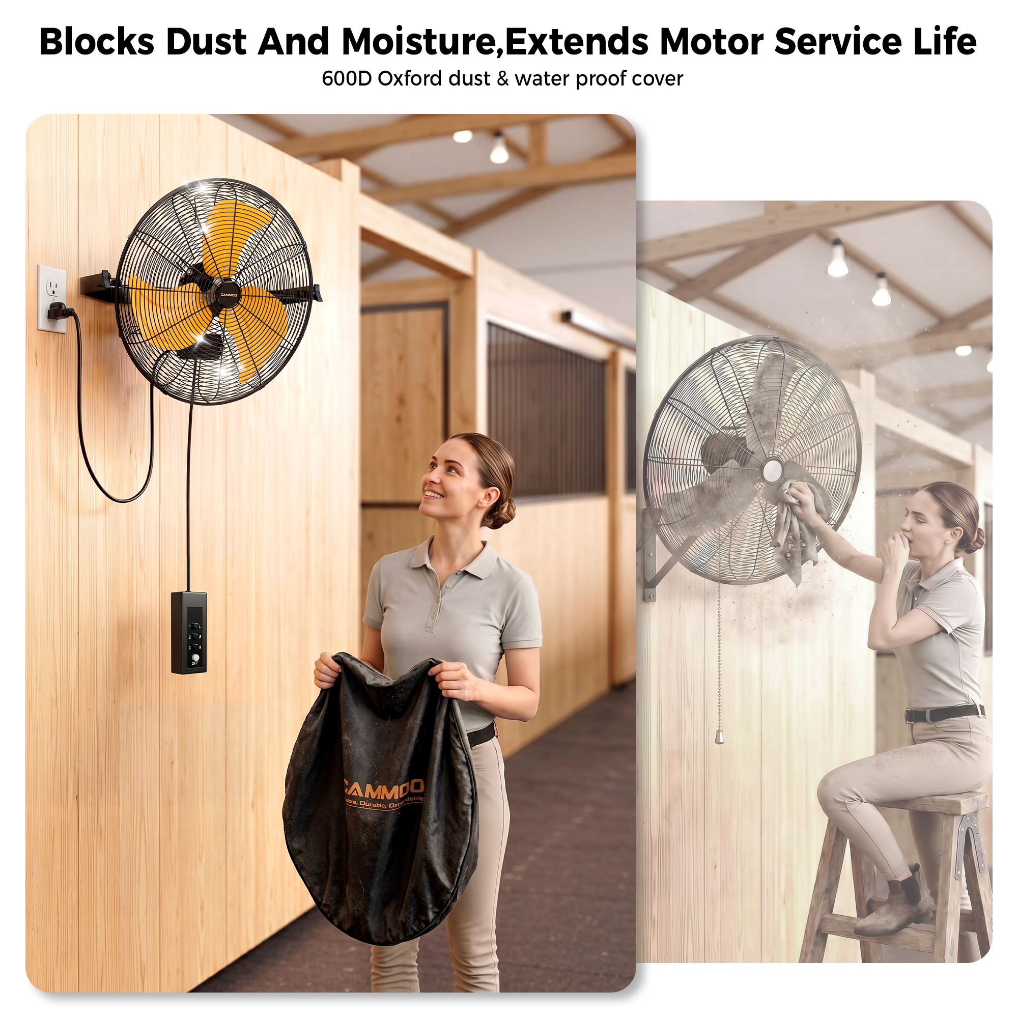 CAMMOO 18 Inch Wall Mount Fan with 600D Oxford Cover, IPX4 Waterproof | Outdoor Fans for Patios, Extended 3.3ft Wired Remote and 6.6ft Power Cord, 3-Speed High Velocity Wall Fan for Garage, 2 Pack