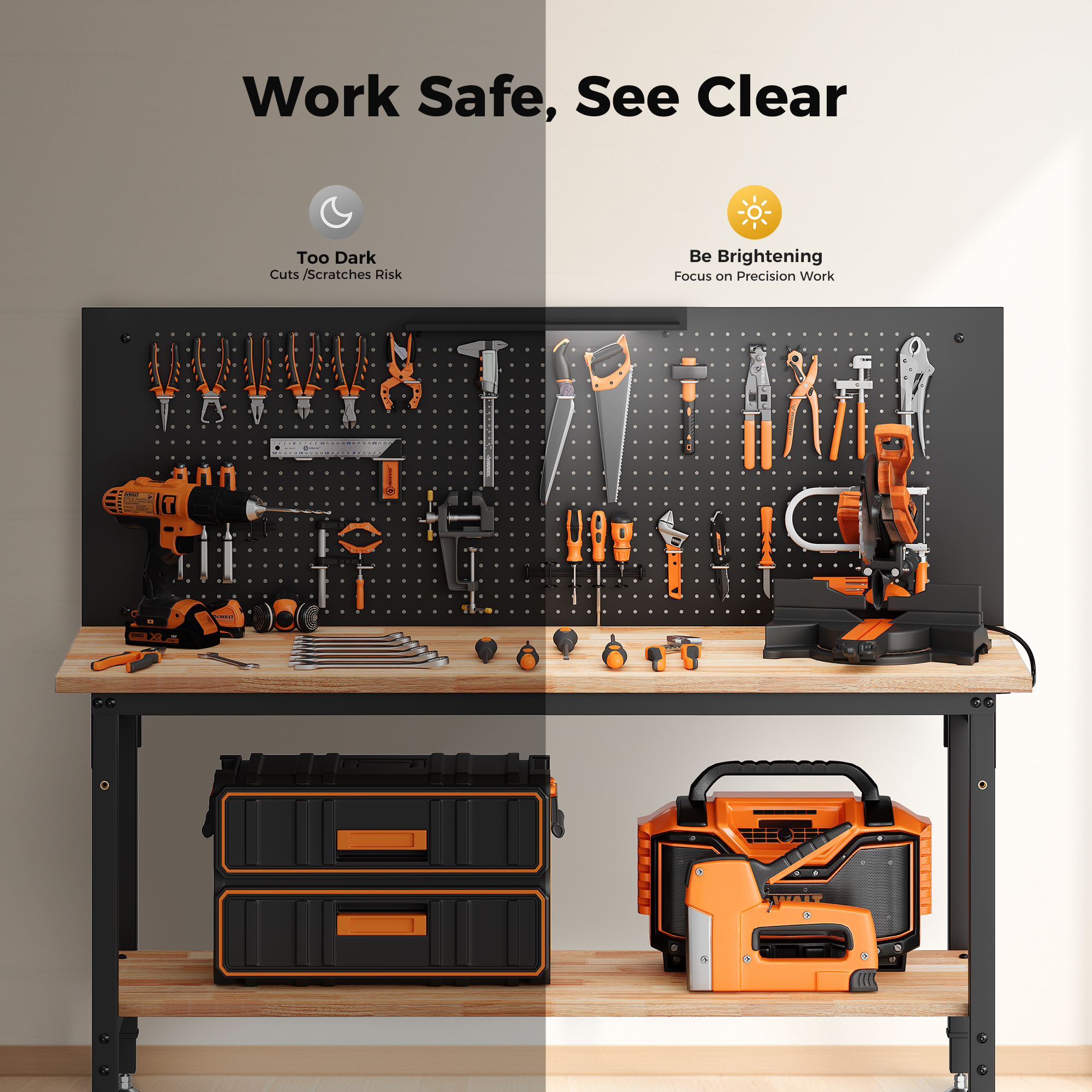 60" Work Bench Adjustable Height with Storage Shelf, Max Load 2000 LBS Heavy Duty Rubberwood Tabletop with Pegboard, LED Light, Built-in Power Strip for Woodworking Shop, Garage, Home