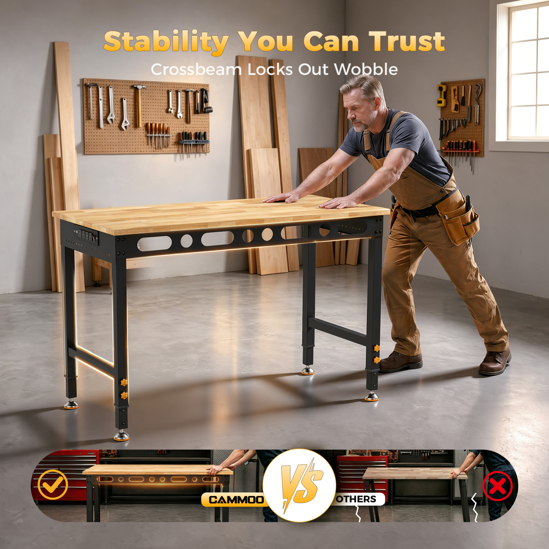 CAMMOO 48" Adjustable Heavy Duty Workbench, 2000 lbs Capacity Solid Rubberwood Top Desk with ETL Power Strip & Tool-Free 6-Height Adjustment for Garage, Workshop, Office