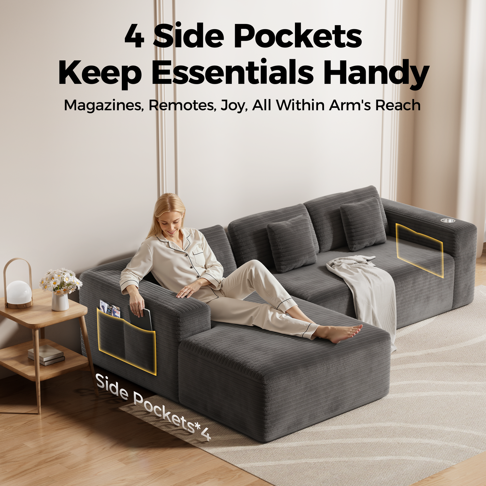 Amsleekey 108" Oversized Modular Sectional Sofa, L-Shaped Corduroy Cloud Couch, Comfy Sleeper Sofa with Storage Pockets & Tray, No Assembly Required, Grey (Right Facing Chaise)