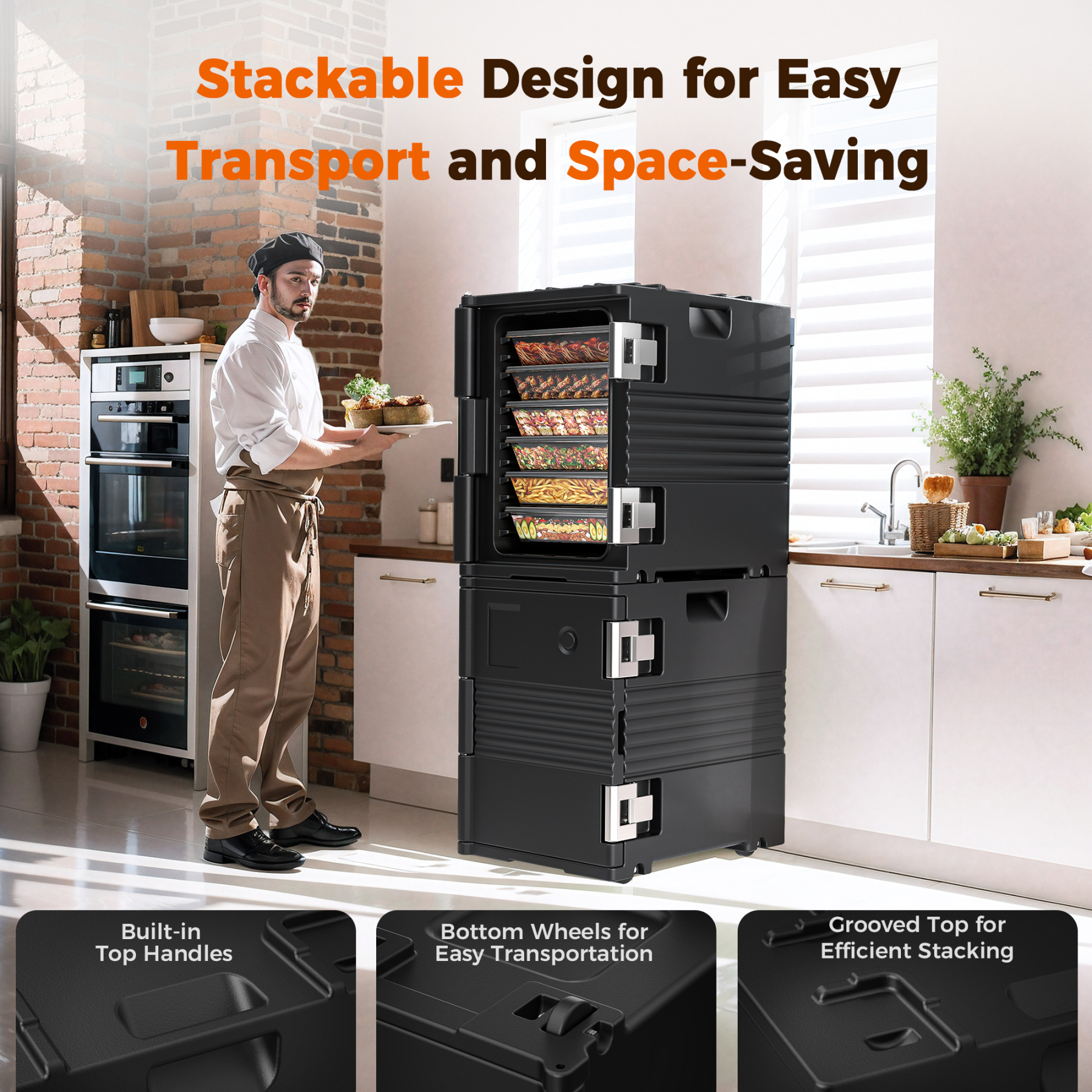95Qt Food Warmer with Wheels, 304 Stainless Steel Latch and Door Shaft, Catering Food Warmers for Parties, LLDPE Insulated Food Carrier for 6 Full-Size Pans (NOT Included), Hot Boxes for Catering