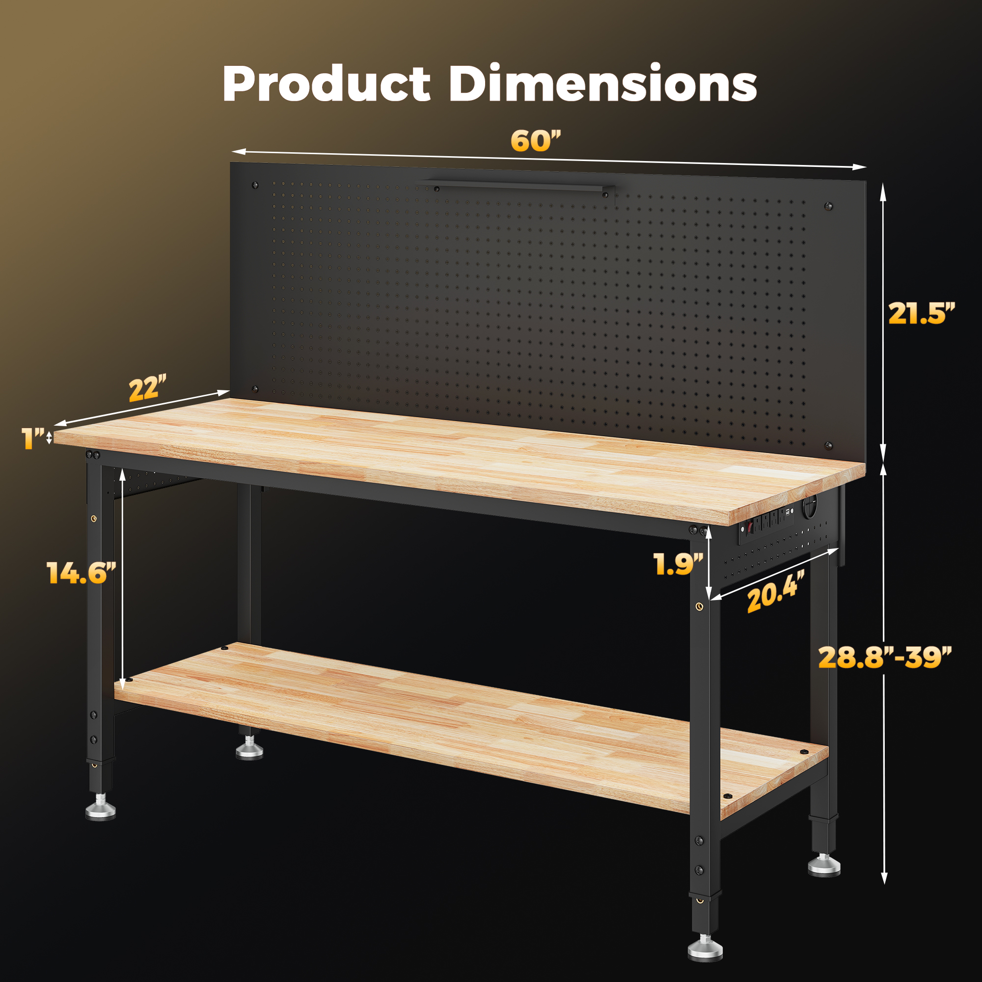 60" Work Bench Adjustable Height with Storage Shelf, Max Load 2000 LBS Heavy Duty Rubberwood Tabletop with Pegboard, LED Light, Built-in Power Strip for Woodworking Shop, Garage, Home