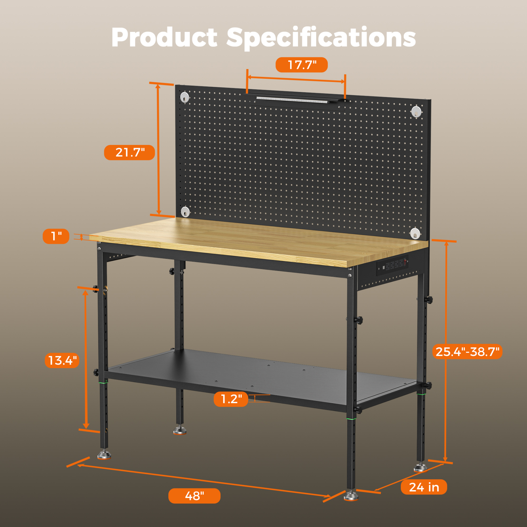 CAMMOO 48" Multifunctional Heavy Duty Workbench for Garage with Pegboard, 2000LBS Load,Adjustable Worktable,Storage Shelf,LED Light, Built-in Power Strip