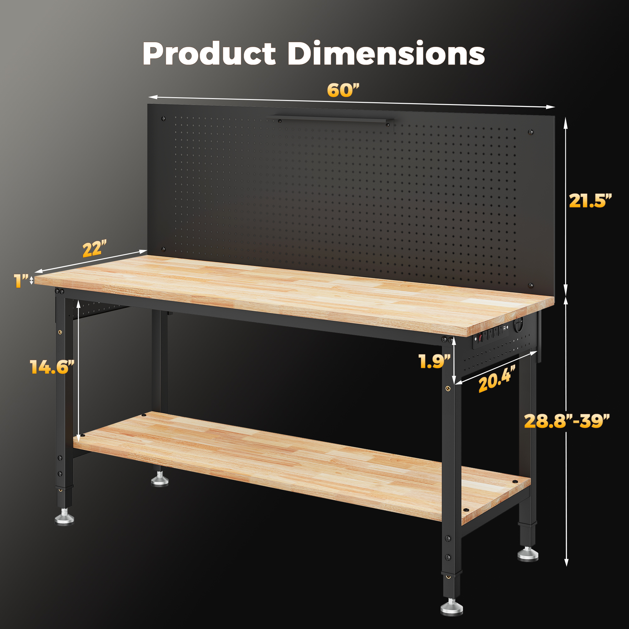 60" Work Bench Adjustable Height with Storage Shelf, Max Load 2000 LBS Heavy Duty Rubberwood Tabletop with Pegboard, LED Light, Built-in Power Strip for Woodworking Shop, Garage, Home