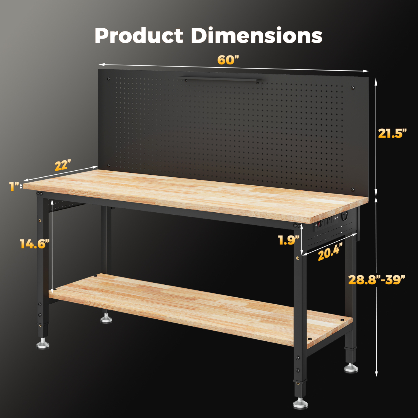60" Work Bench Adjustable Height with Storage Shelf, Max Load 2000 LBS Heavy Duty Rubberwood Tabletop with Pegboard, LED Light, Built-in Power Strip for Woodworking Shop, Garage, Home