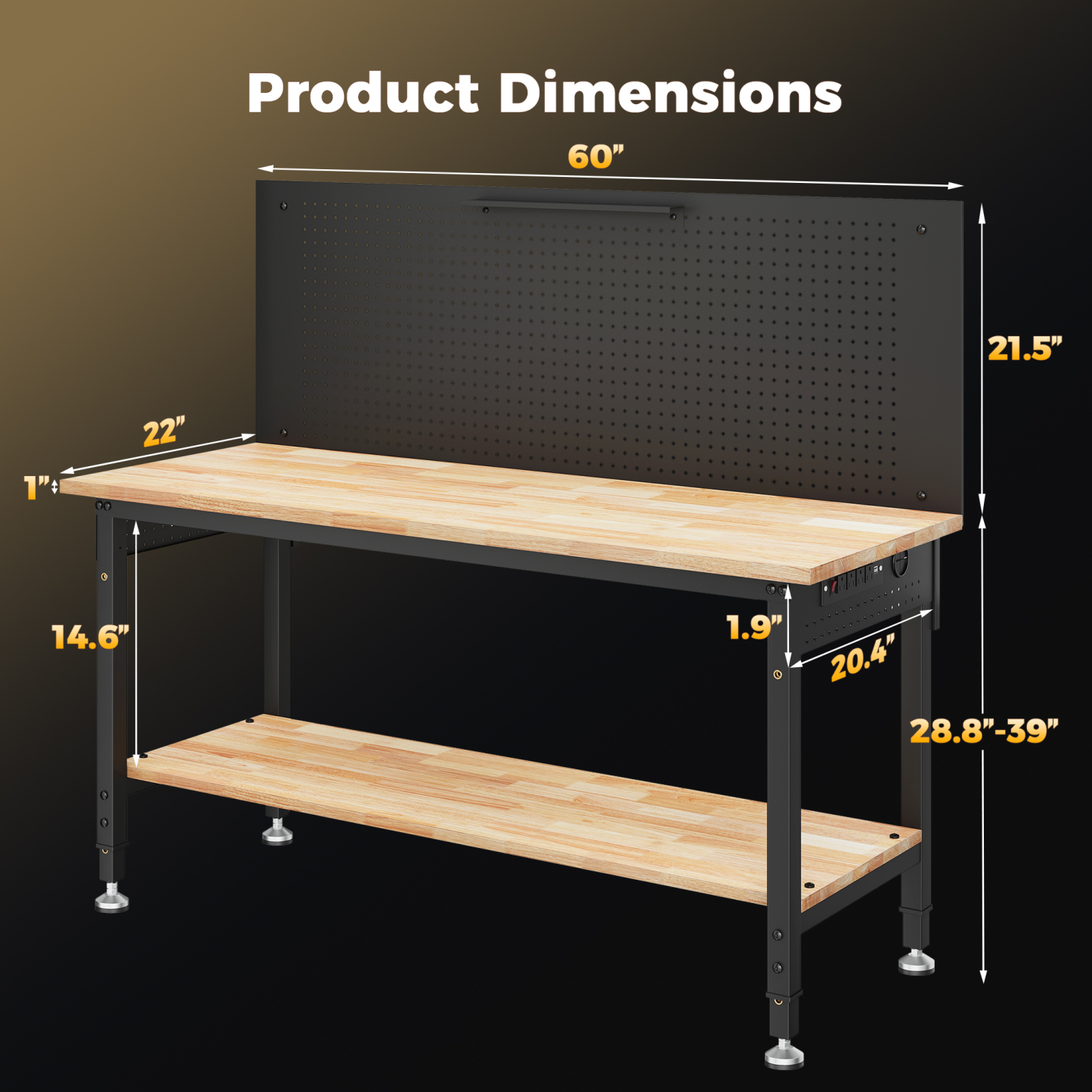 60" Work Bench Adjustable Height with Storage Shelf, Max Load 2000 LBS Heavy Duty Rubberwood Tabletop with Pegboard, LED Light, Built-in Power Strip for Woodworking Shop, Garage, Home