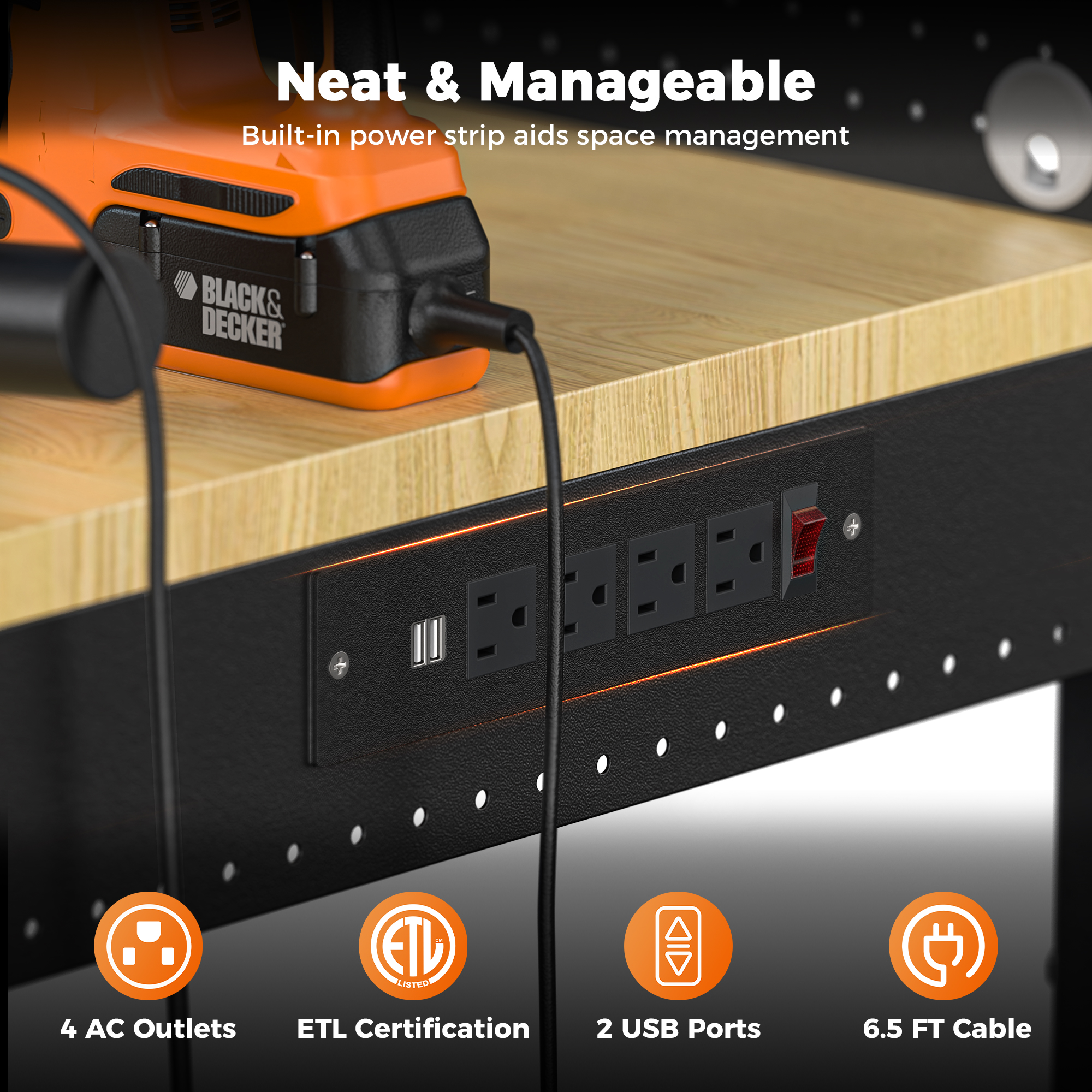 CAMMOO 48" Multifunctional Heavy Duty Workbench for Garage with Pegboard, 2000LBS Load,Adjustable Worktable,Storage Shelf,LED Light, Built-in Power Strip