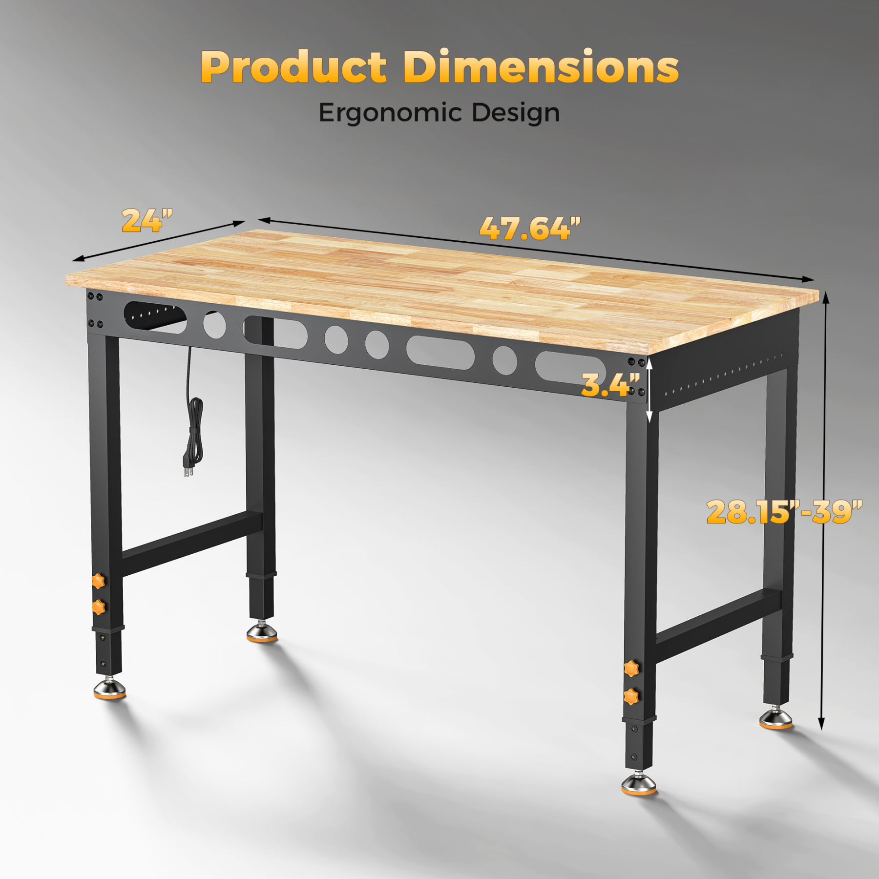 CAMMOO 48" Adjustable Heavy Duty Workbench, 2000 lbs Capacity Solid Rubberwood Top Desk with ETL Power Strip & Tool-Free 6-Height Adjustment for Garage, Workshop, Office