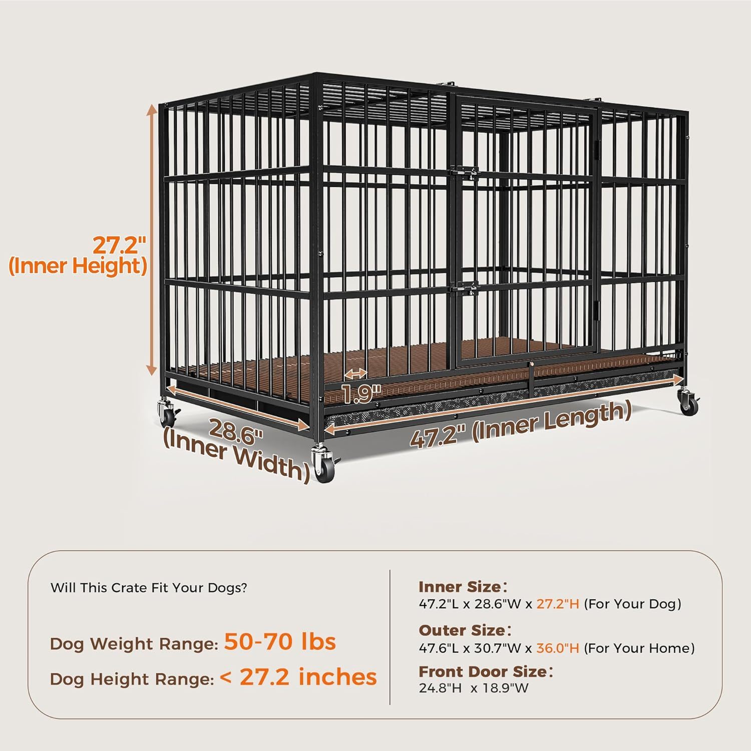 CAMMOO 48" Heavy Duty Dog Crate Cage with 4 Lockable Wheels for Indoor & Outdoor,XL Kennel for Large Dog,Max Load 300Lbs