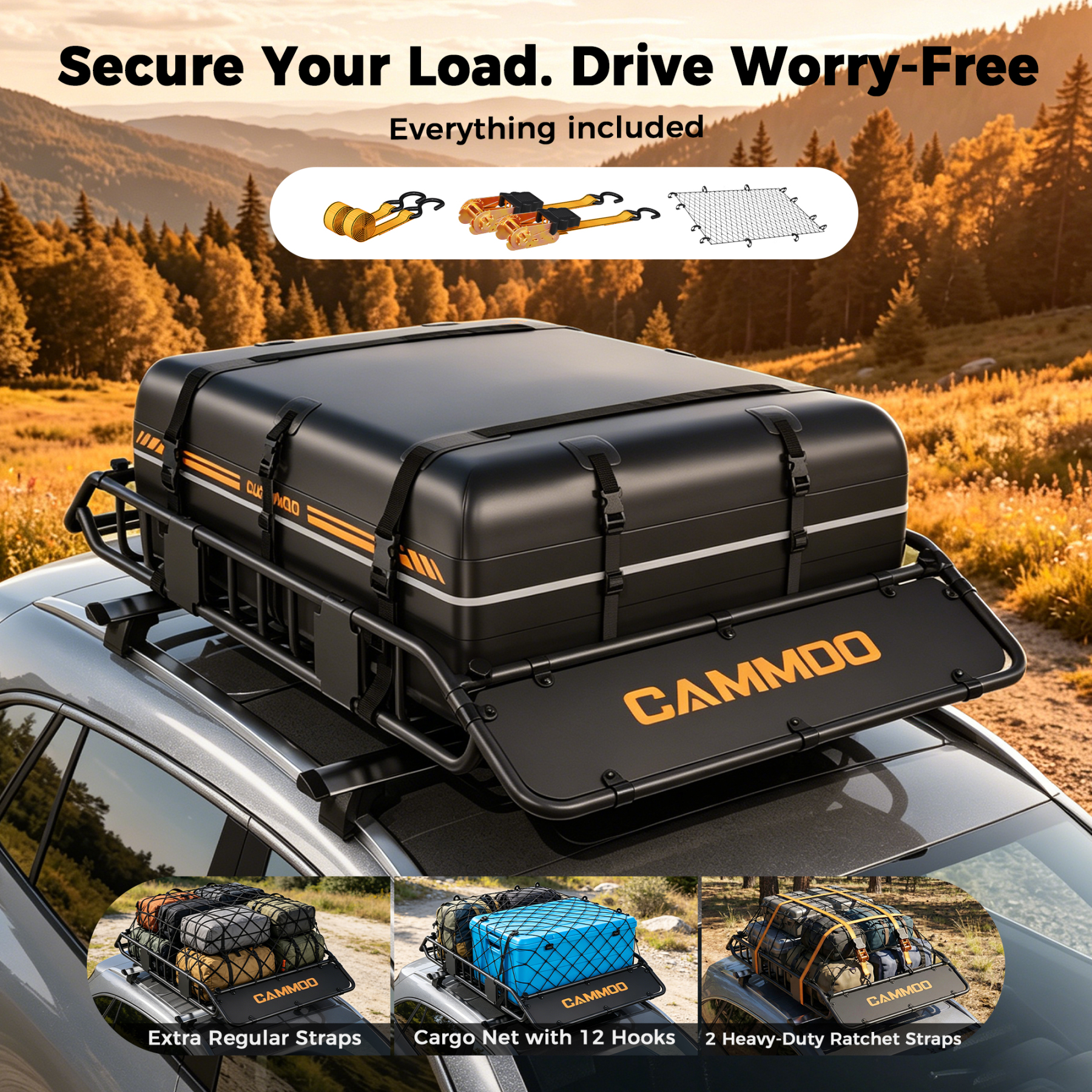 CAMMOO 54"x34" Roof Rack Basket, Removable Fairing & Support Bars for Kayaks/Long Gear, 15 Cu.Ft Waterproof Soft Bag+Lock+Net+Strap–200Lbs Capacity Rooftop Cargo Carrier for SUV Truck Camping