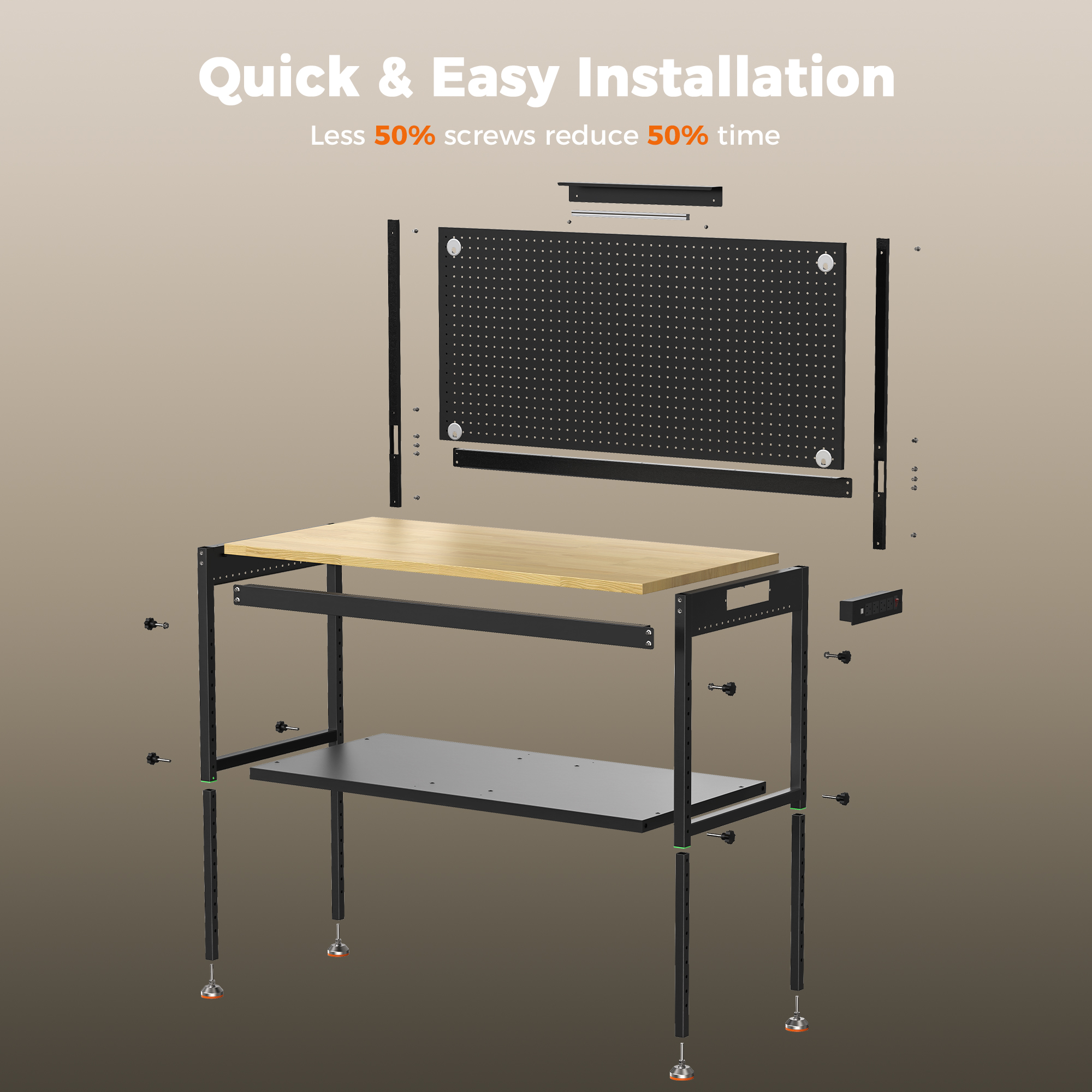 CAMMOO 48" Multifunctional Heavy Duty Workbench for Garage with Pegboard, 2000LBS Load,Adjustable Worktable,Storage Shelf,LED Light, Built-in Power Strip