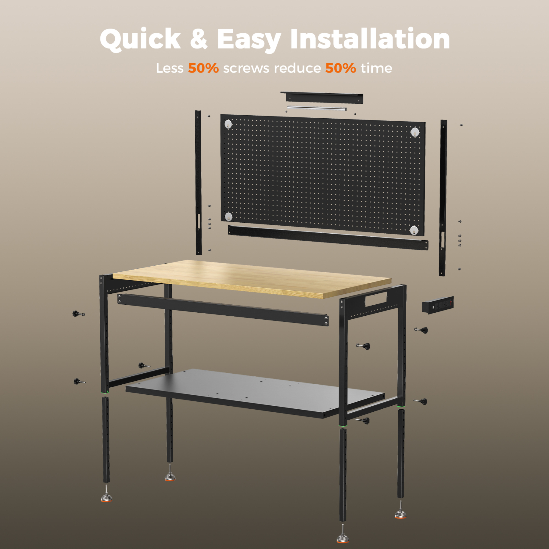 CAMMOO 48" Multifunctional Heavy Duty Workbench for Garage with Pegboard, 2000LBS Load,Adjustable Worktable,Storage Shelf,LED Light, Built-in Power Strip