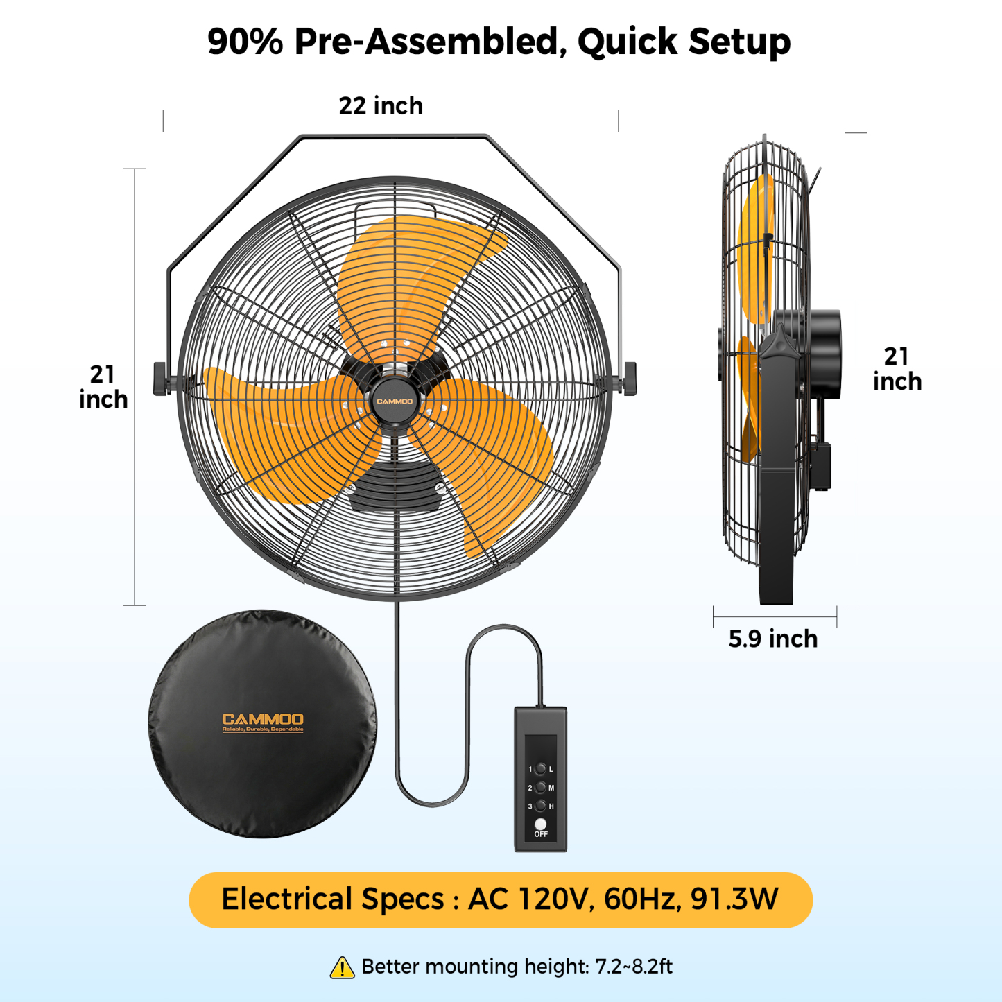 CAMMOO 18 Inch Wall Mount Fan with 600D Oxford Cover, IPX4 Waterproof | Outdoor Fans for Patios, Extended 3.3ft Wired Remote and 6.6ft Power Cord, 3-Speed High Velocity Wall Fan for Garage, 2 Pack