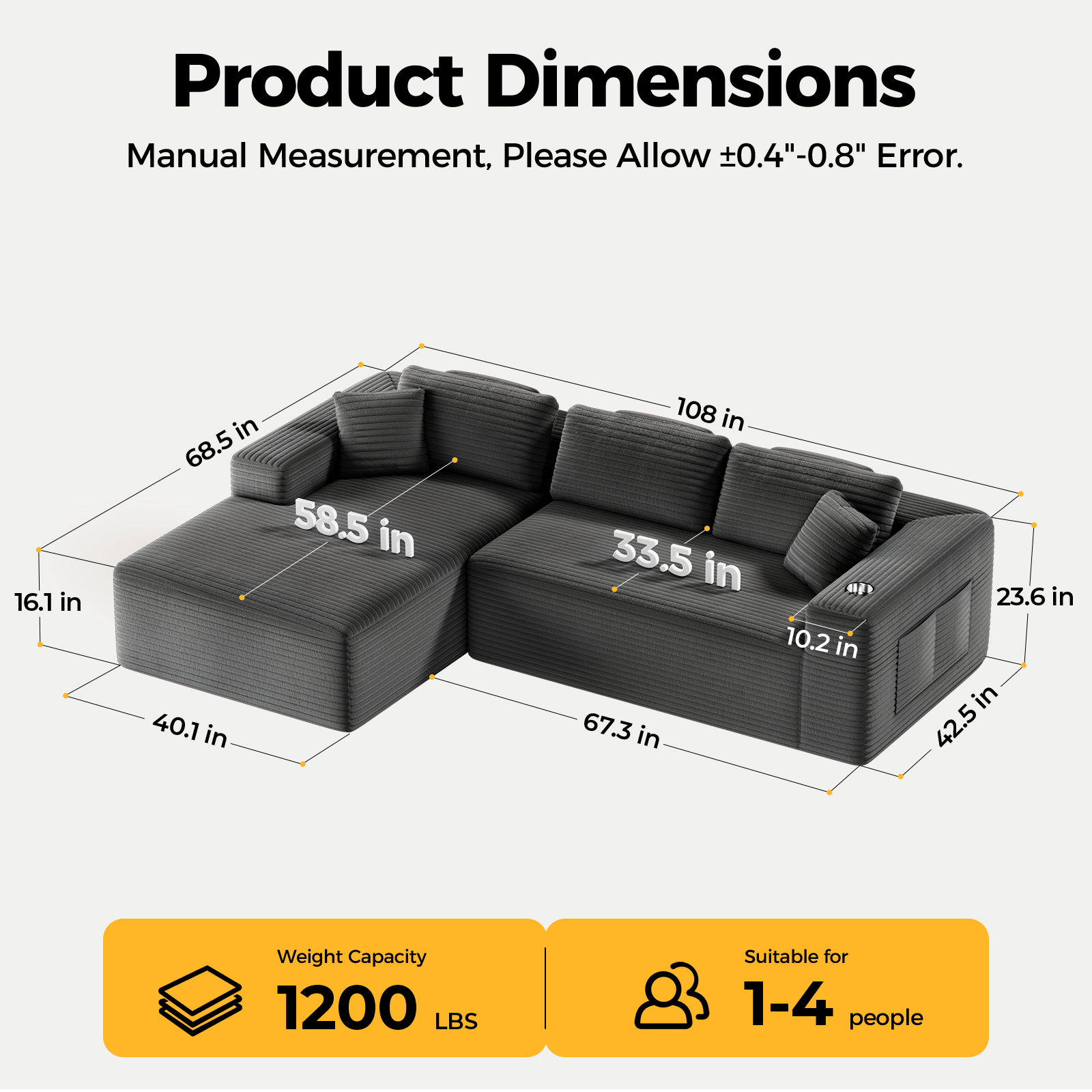 Amsleekey 108" Oversized Modular Sectional Sofa, L-Shaped Corduroy Cloud Couch, Comfy Sleeper Sofa with Storage Pockets & Tray, No Assembly Required, Grey (Right Facing Chaise)