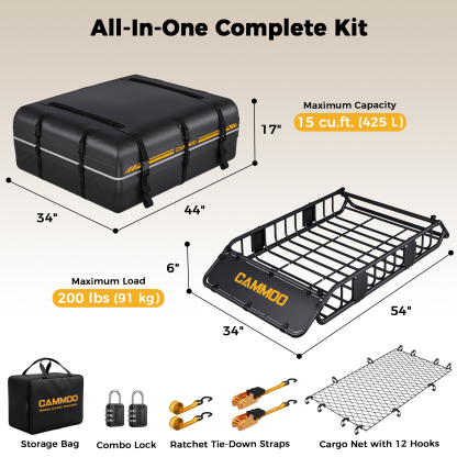 CAMMOO 54"x34" Roof Rack Basket, Removable Fairing & Support Bars for Kayaks/Long Gear, 15 Cu.Ft Waterproof Soft Bag+Lock+Net+Strap–200Lbs Capacity Rooftop Cargo Carrier for SUV Truck Camping