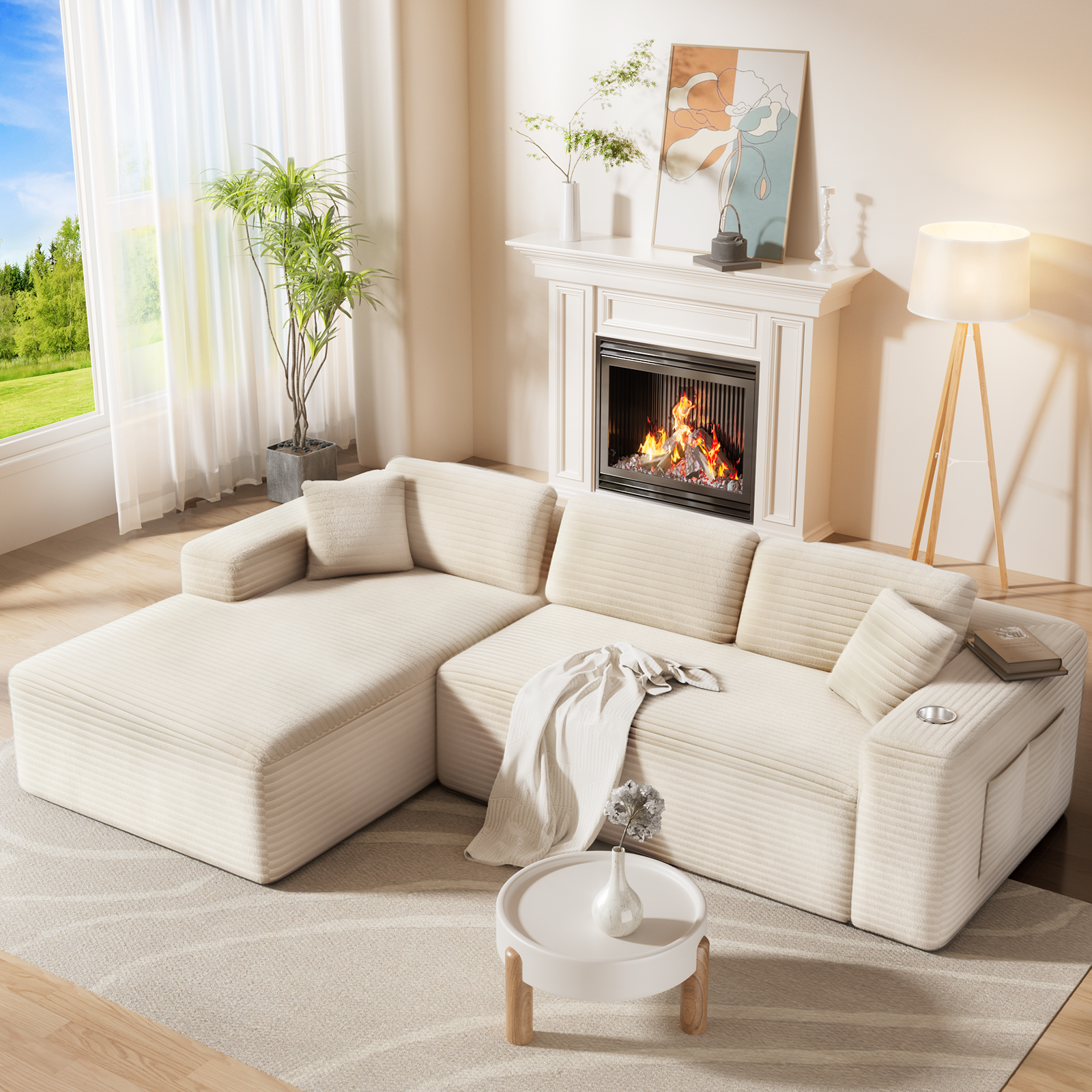 Amsleekey 108" Oversized Modular Sectional Sofa, L-Shaped Corduroy Cloud Couch, Comfy Sleeper Sofa with Storage Pockets & Tray, No Assembly Required, Beige (Right Facing Chaise)