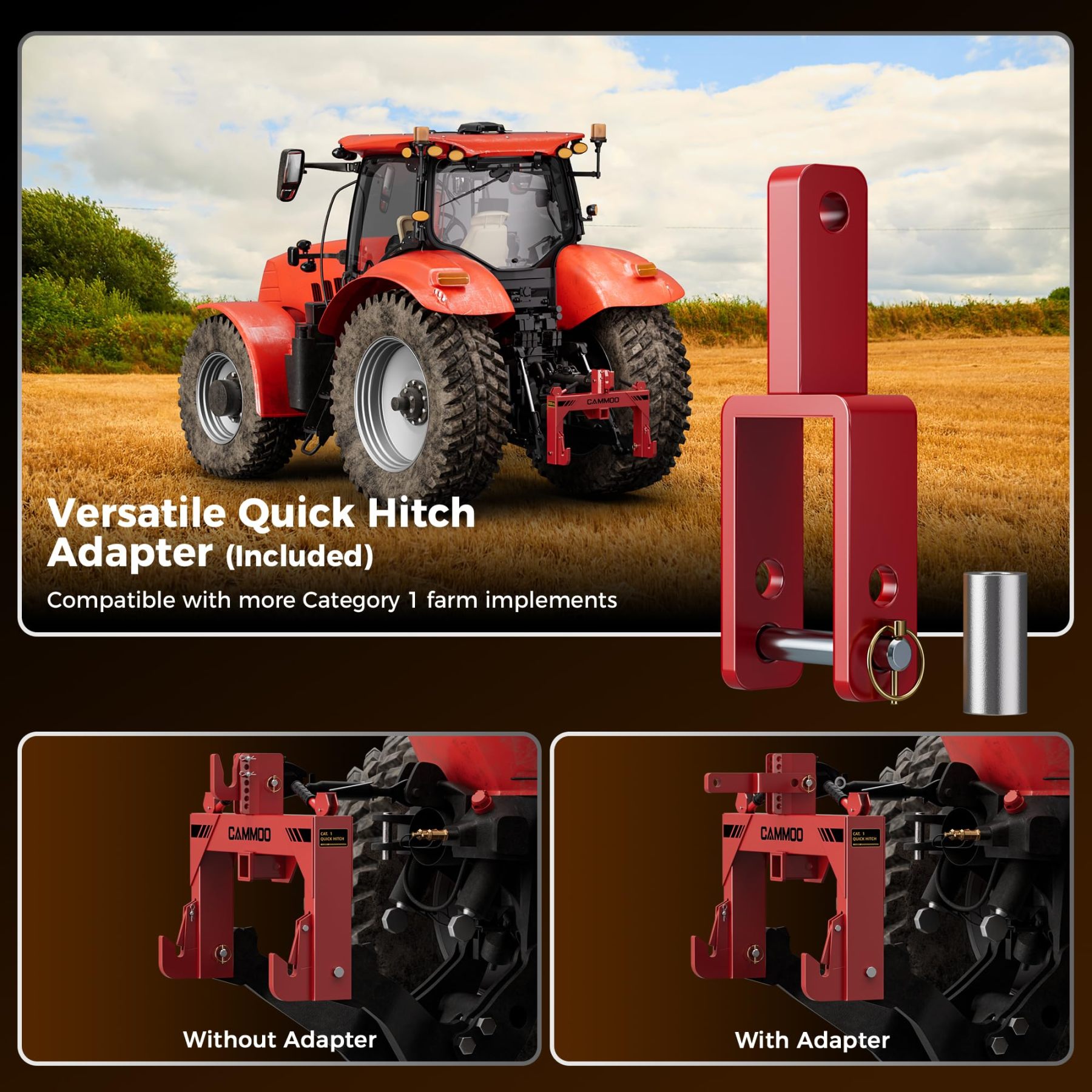 CAMMOO Cat 1 3-Point Quick Hitch with 2" Trailer Hitch Receiver, No Bushing Required Heavy Duty Tractor Accessories and Towing Hitch, 3000 lbs, Red
