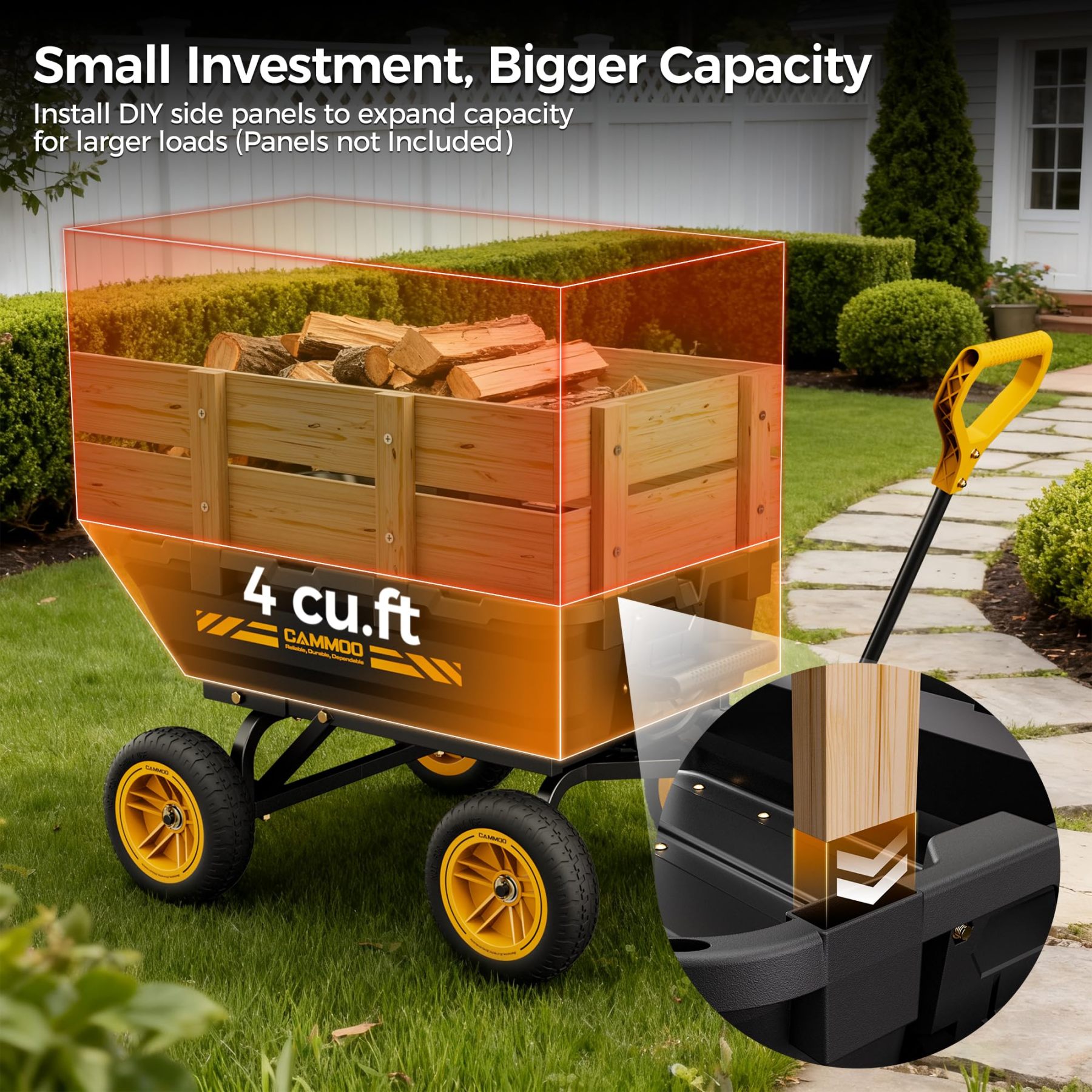 CAMMOO 900lbs Utility Heavy-Duty Garden Dump Cart Wagon DIY Expandable Capacity Over 4 Cu.Ft with 10" NO-FLAT TIRES for Landscaping Gardening