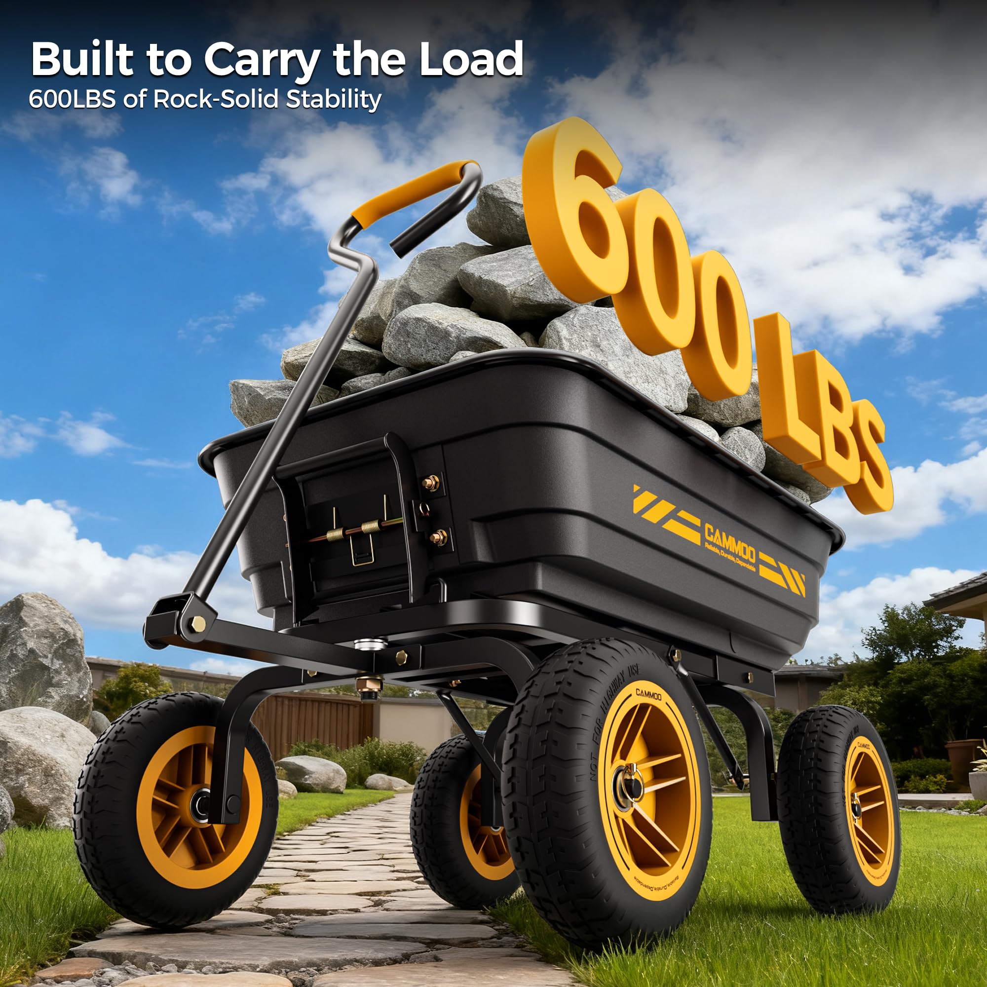 CAMMOO 600 lbs Heavy Duty Garden Dump Cart, 4 Cu. Ft. Utility Wagon with 10" No-Flat Tires, Quick-Release Dumping for Yard, Lawn, Landscaping & Gardening