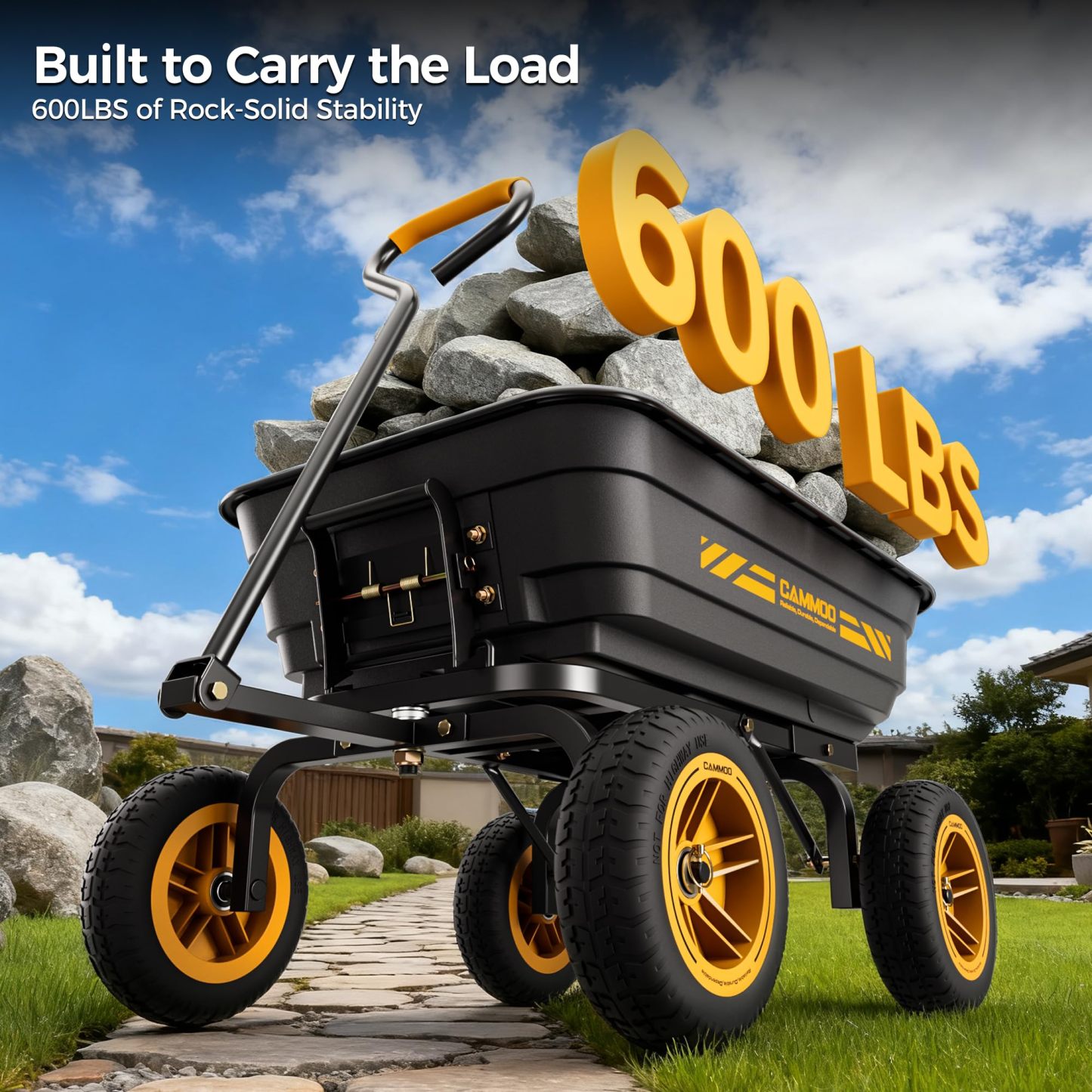 CAMMOO 600 lbs Heavy Duty Garden Dump Cart, 4 Cu. Ft. Utility Wagon with 10" No-Flat Tires, Quick-Release Dumping for Yard, Lawn, Landscaping & Gardening