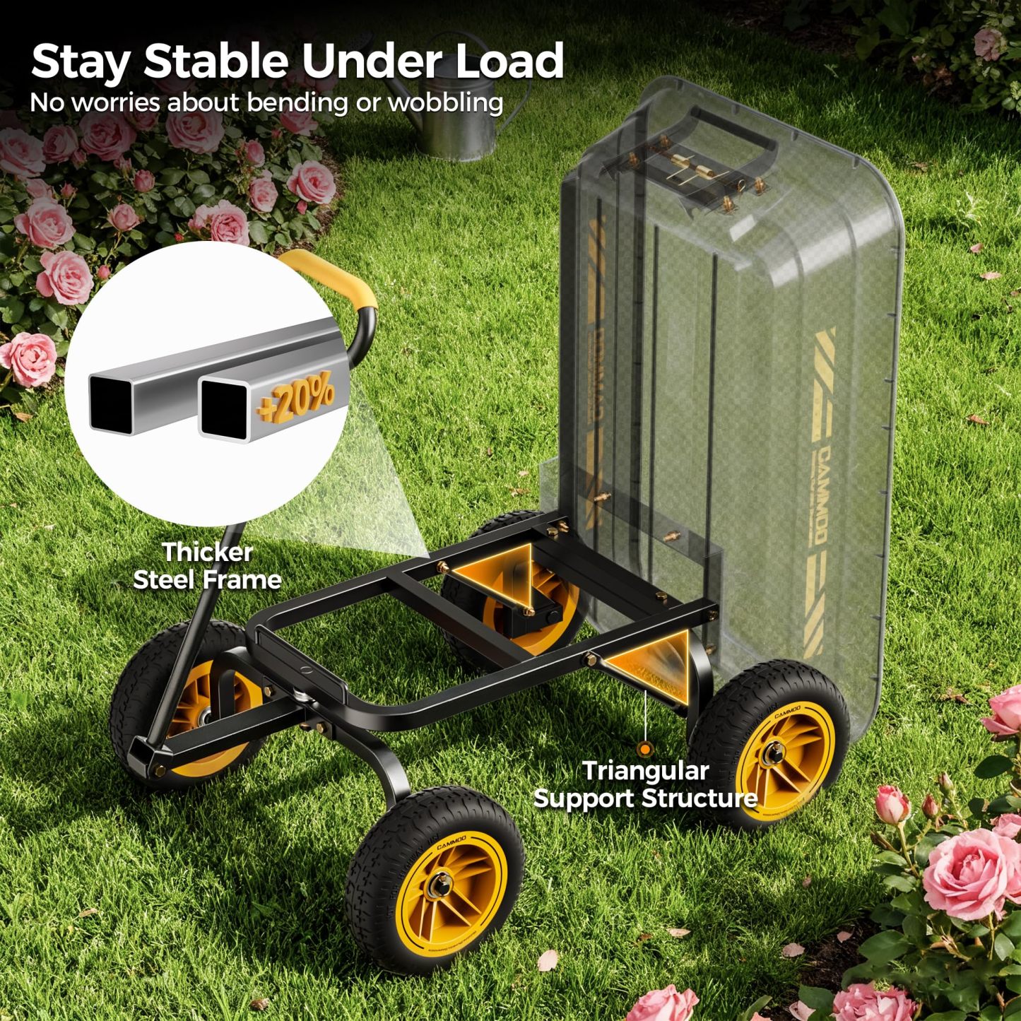 CAMMOO 600 lbs Heavy Duty Garden Dump Cart, 4 Cu. Ft. Utility Wagon with 10" No-Flat Tires, Quick-Release Dumping for Yard, Lawn, Landscaping & Gardening