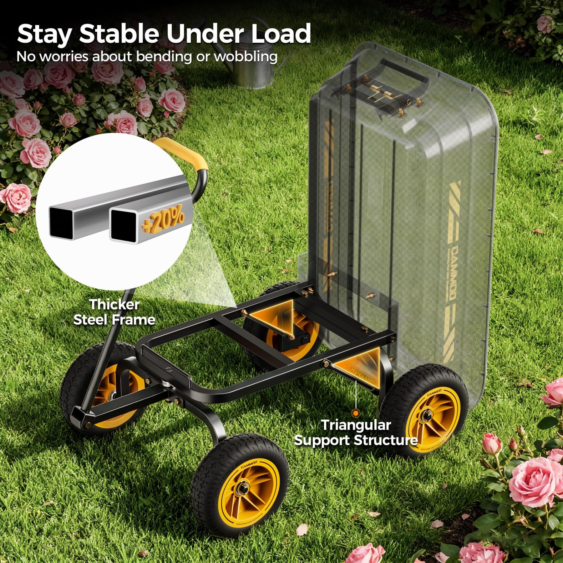 CAMMOO 600 lbs Heavy Duty Garden Dump Cart, 4 Cu. Ft. Utility Wagon with 10" No-Flat Tires, Quick-Release Dumping for Yard, Lawn, Landscaping & Gardening