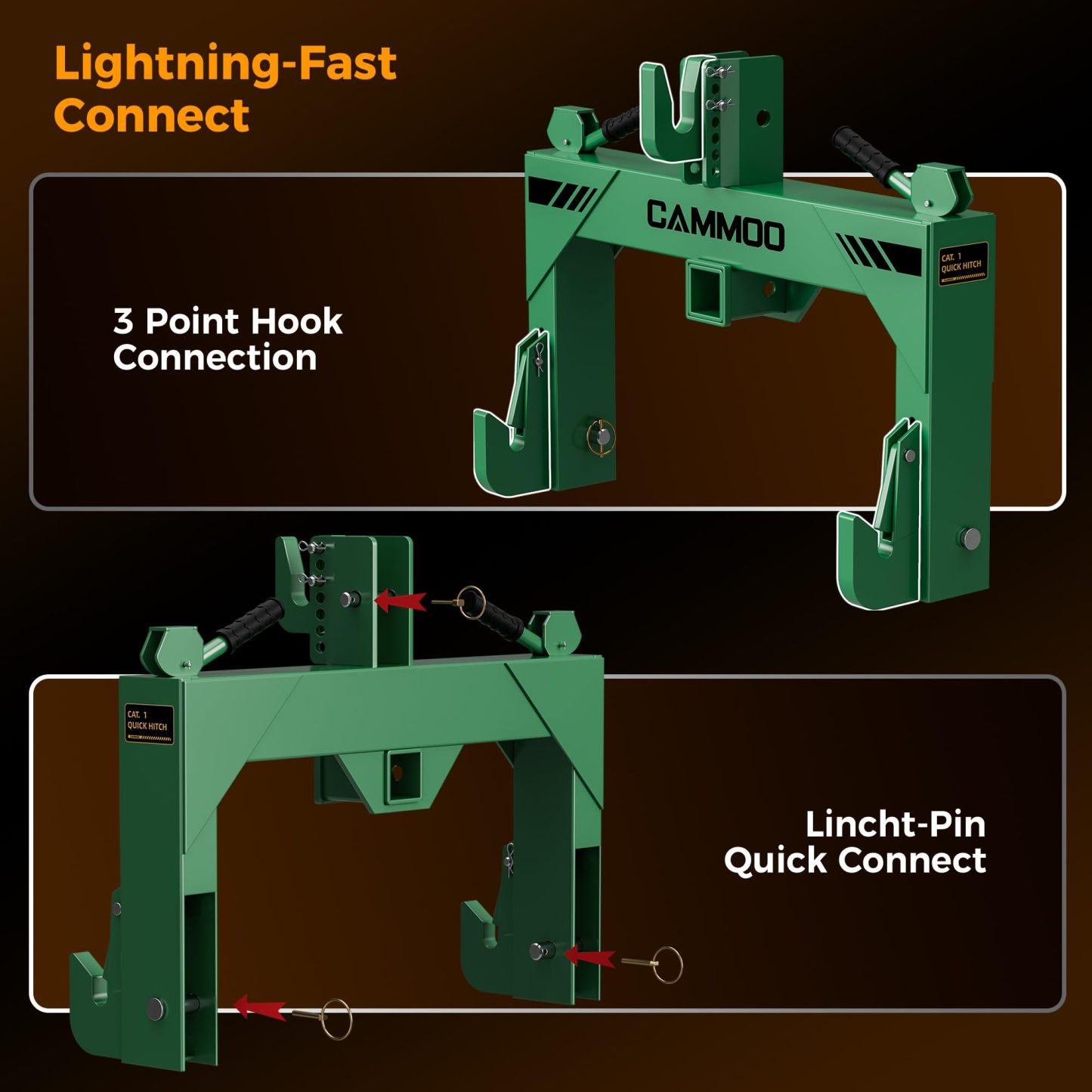 CAMMOO Cat 1 3-Point Quick Hitch with 2" Trailer Hitch Receiver, No Bushing Required Heavy Duty Tractor Accessories and Towing Hitch, 3000 lbs, Green