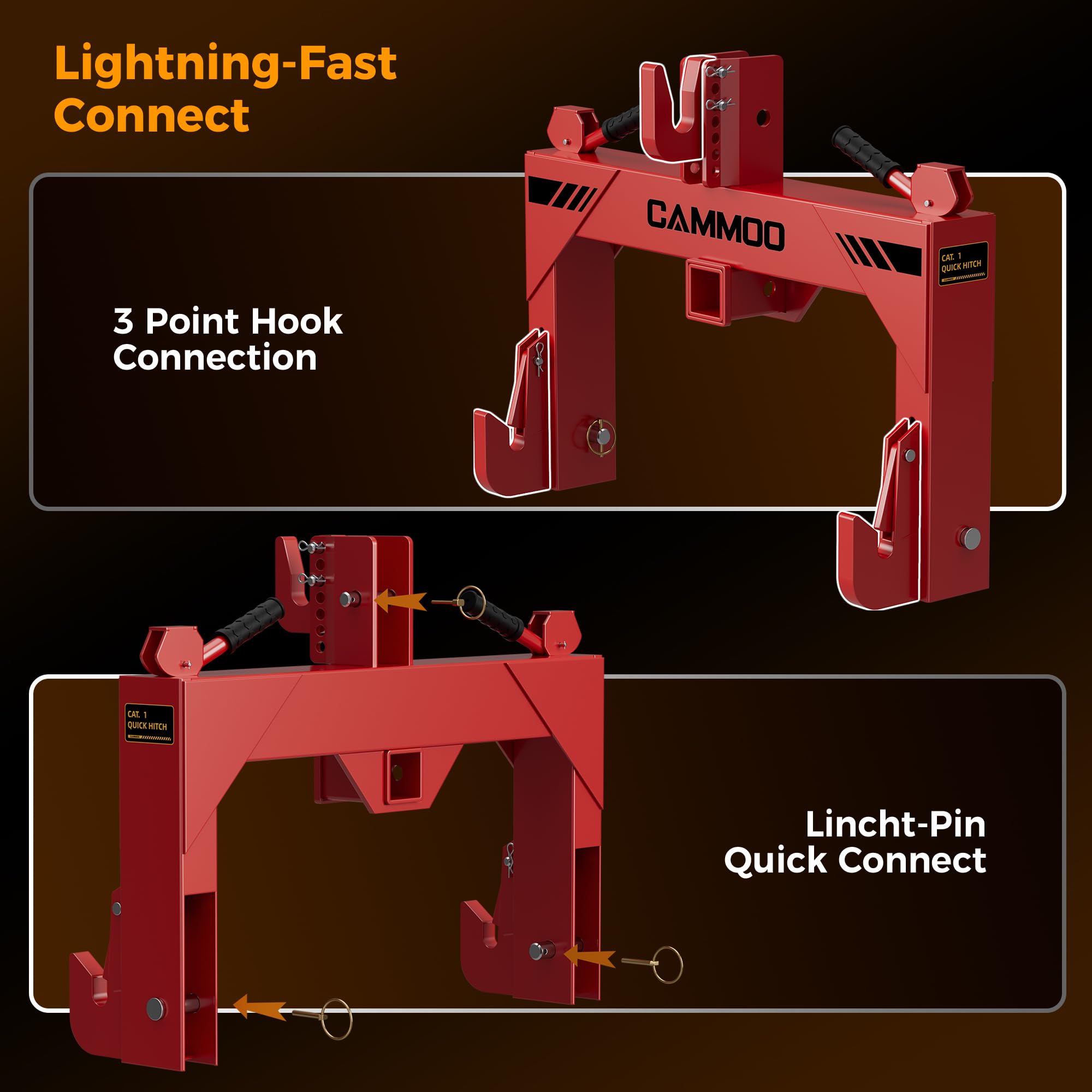 CAMMOO Cat 1 3-Point Quick Hitch with 2" Trailer Hitch Receiver, No Bushing Required Heavy Duty Tractor Accessories and Towing Hitch, 3000 lbs, Red