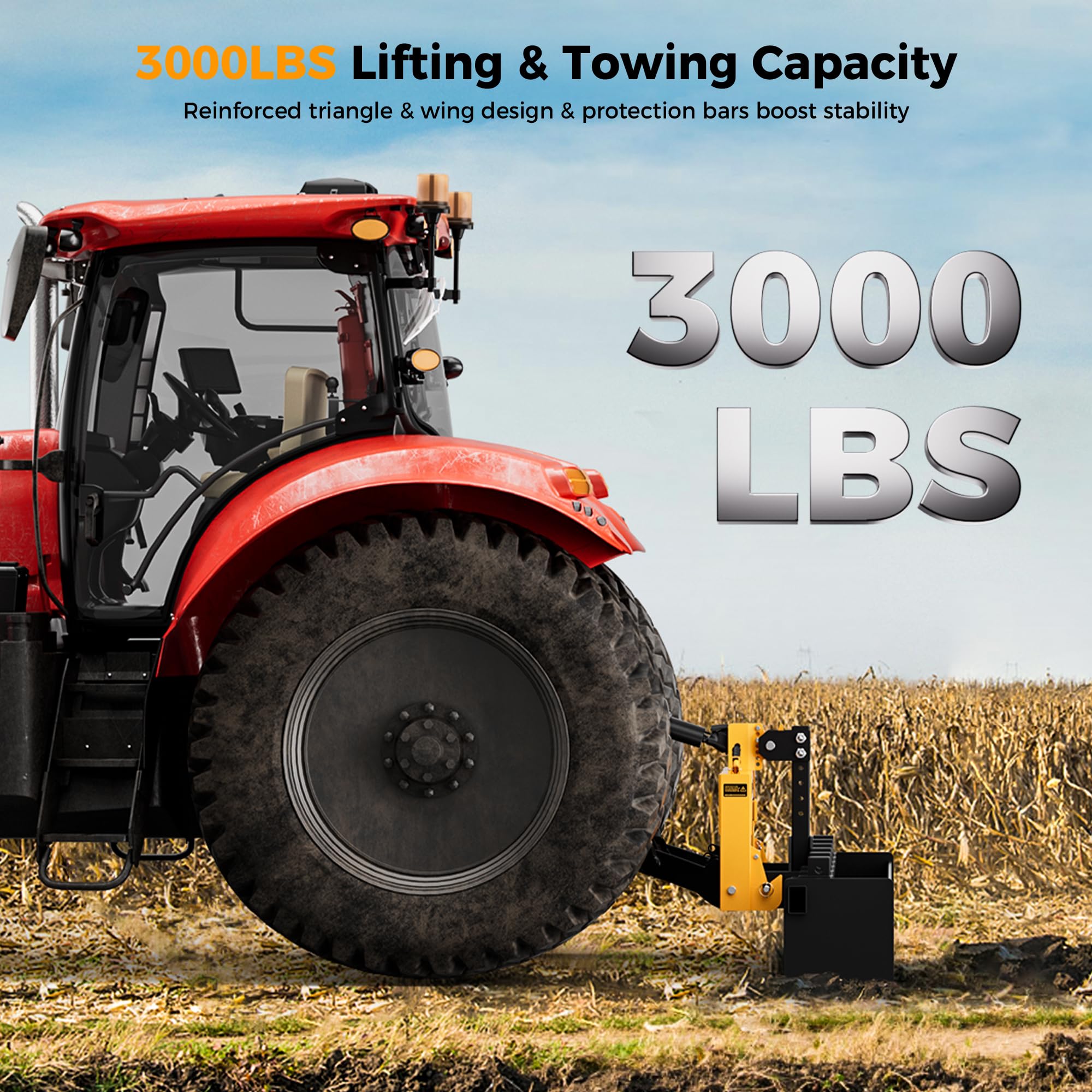 CAMMOO Cat 1 3-Point Quick Hitch with 2" Trailer Hitch Receiver, No Bushing Required Heavy Duty Tractor Accessories and Towing Hitch, 3000 lbs, Yellow
