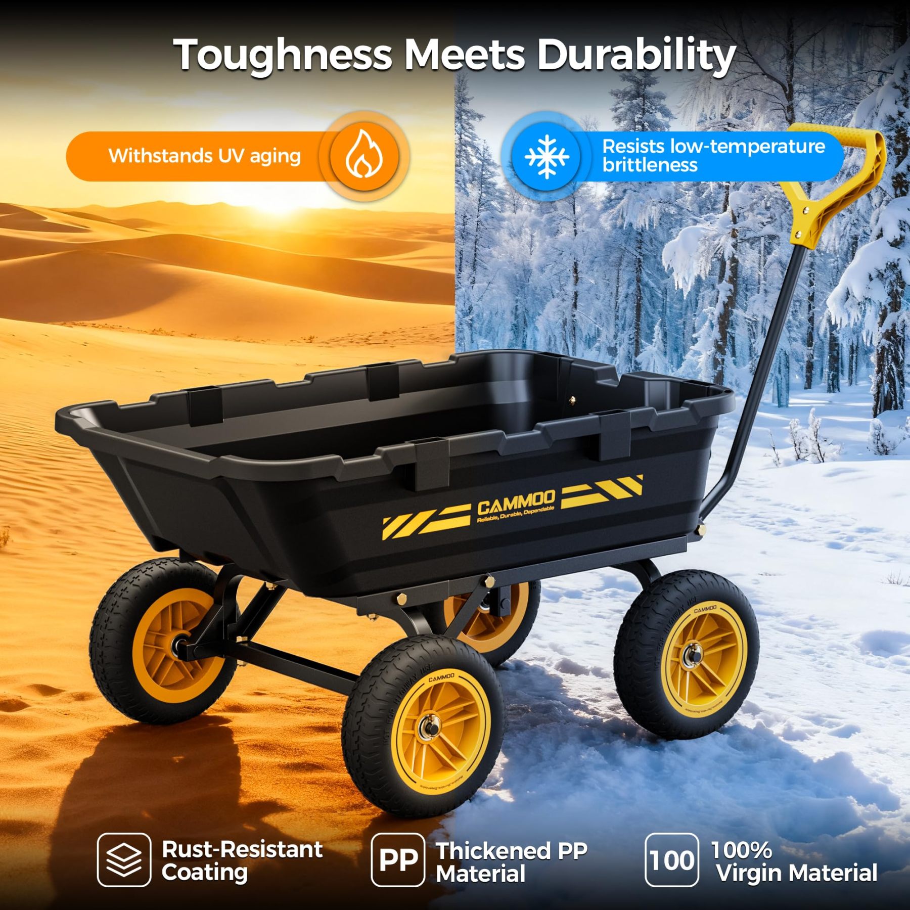 CAMMOO 900lbs Utility Heavy-Duty Garden Dump Cart Wagon DIY Expandable Capacity Over 4 Cu.Ft with 10" NO-FLAT TIRES for Landscaping Gardening