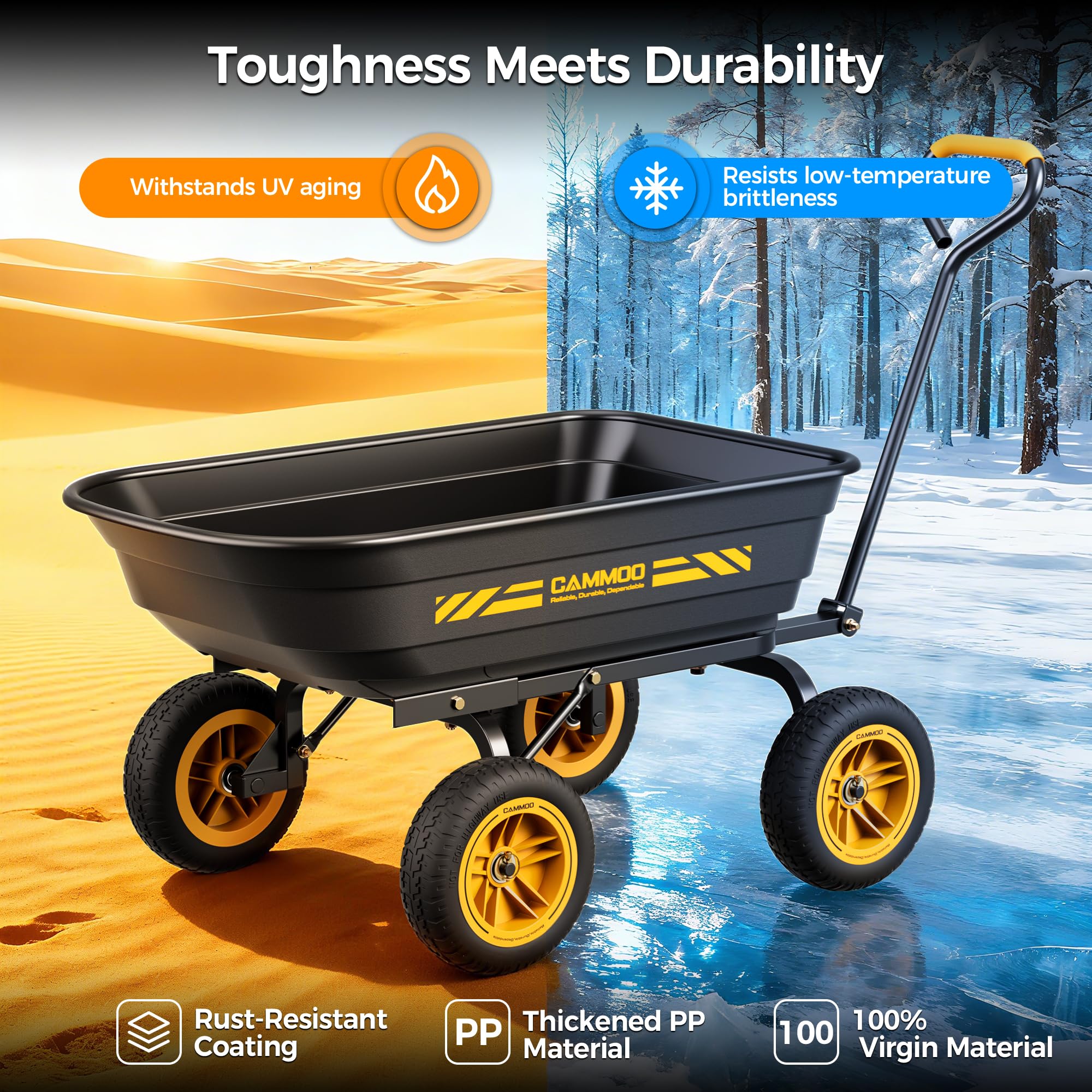 CAMMOO 600 lbs Heavy Duty Garden Dump Cart, 4 Cu. Ft. Utility Wagon with 10" No-Flat Tires, Quick-Release Dumping for Yard, Lawn, Landscaping & Gardening