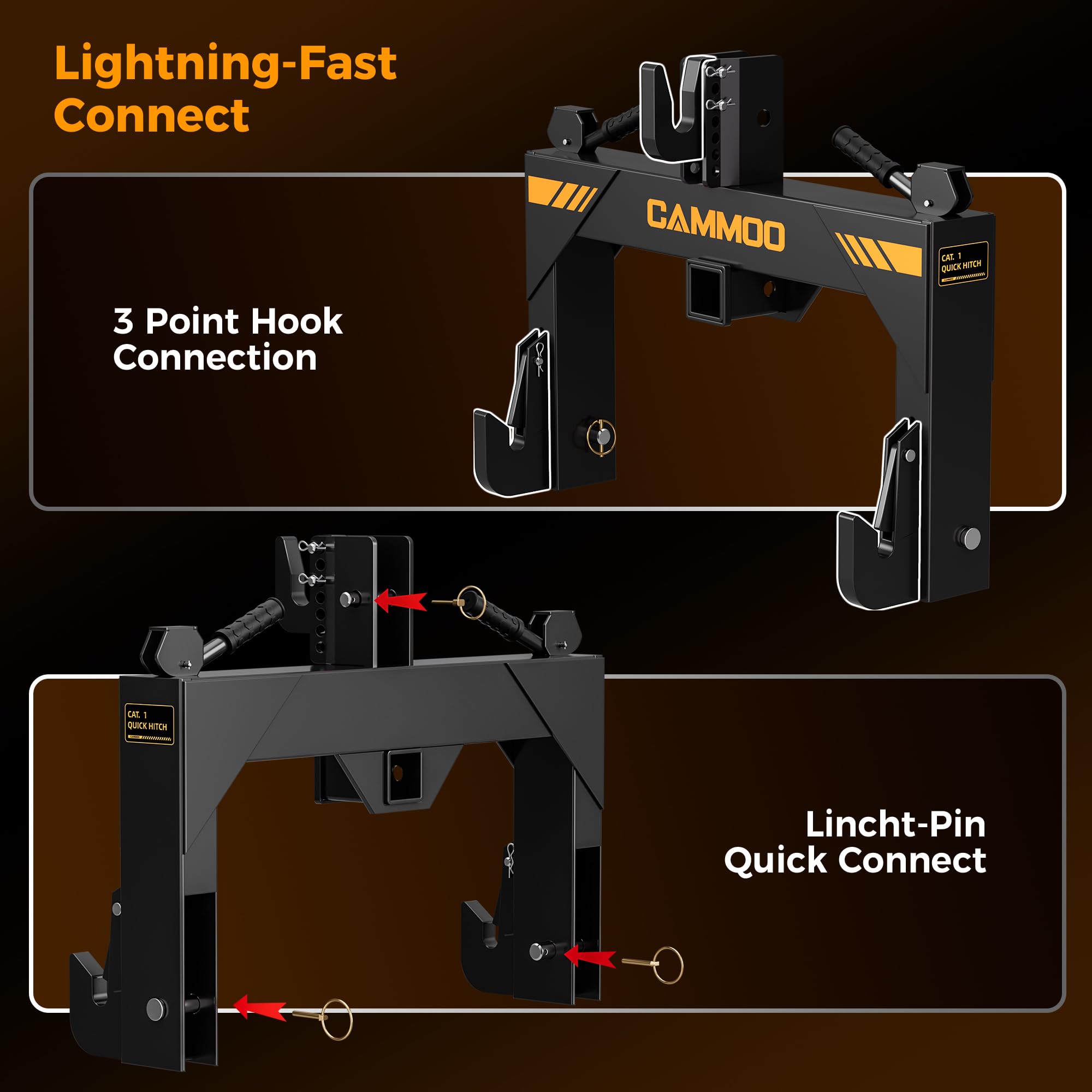 CAMMOO Cat 1 3-Point Quick Hitch with 2" Trailer Hitch Receiver, No Bushing Required Heavy Duty Tractor Accessories and Towing Hitch, 3000 lbs, Black