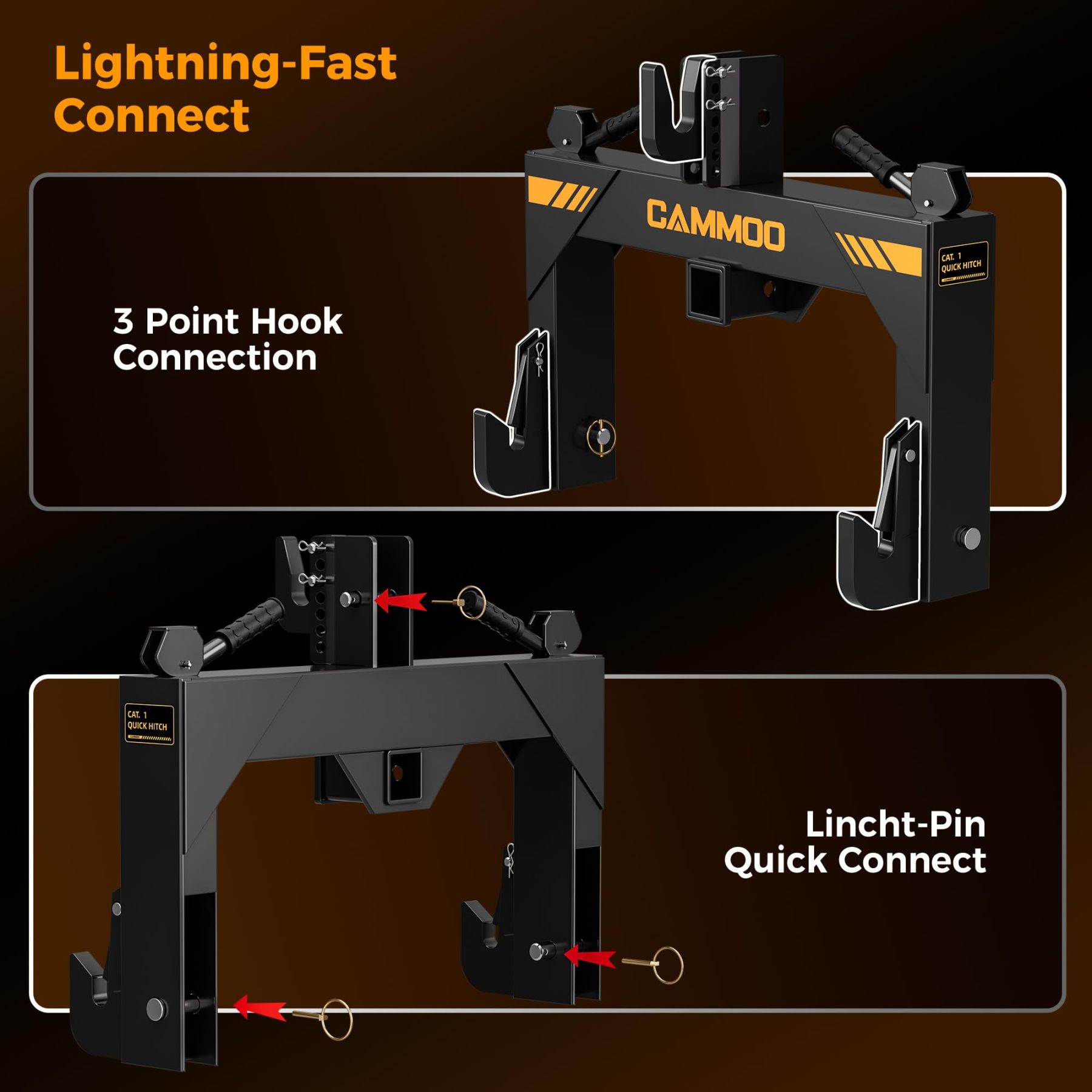 CAMMOO Cat 1 3-Point Quick Hitch with 2" Trailer Hitch Receiver, No Bushing Required Heavy Duty Tractor Accessories and Towing Hitch, 3000 lbs, Black