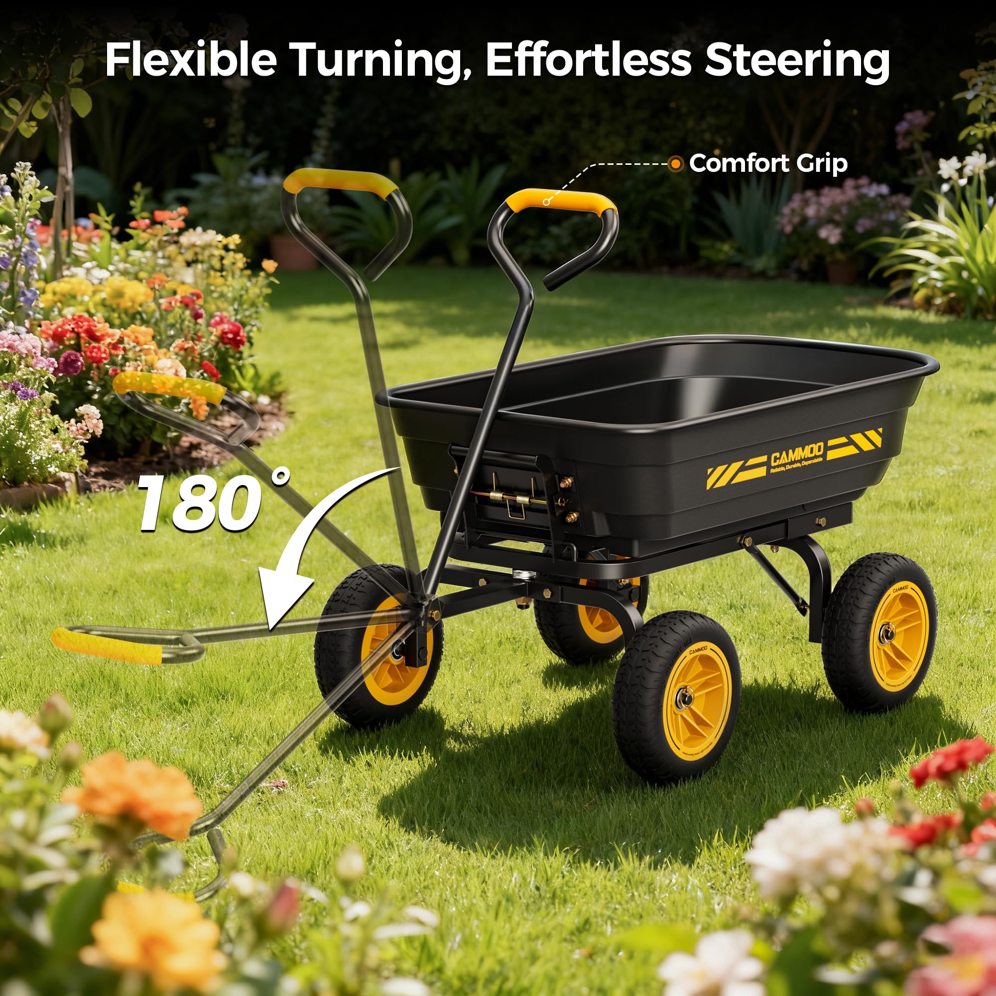 CAMMOO 600 lbs Heavy Duty Garden Dump Cart, 4 Cu. Ft. Utility Wagon with 10" No-Flat Tires, Quick-Release Dumping for Yard, Lawn, Landscaping & Gardening