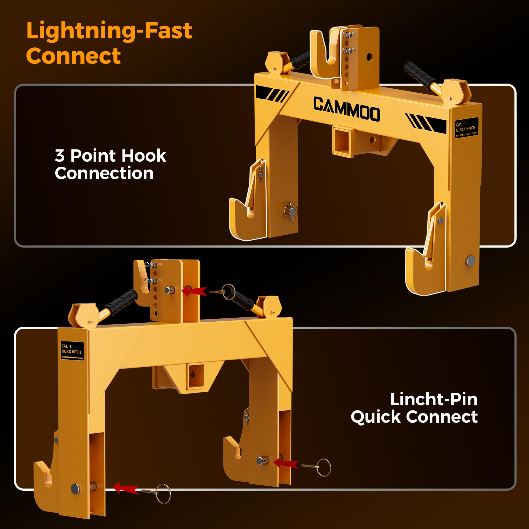 CAMMOO Cat 1 3-Point Quick Hitch with 2" Trailer Hitch Receiver, No Bushing Required Heavy Duty Tractor Accessories and Towing Hitch, 3000 lbs, Yellow