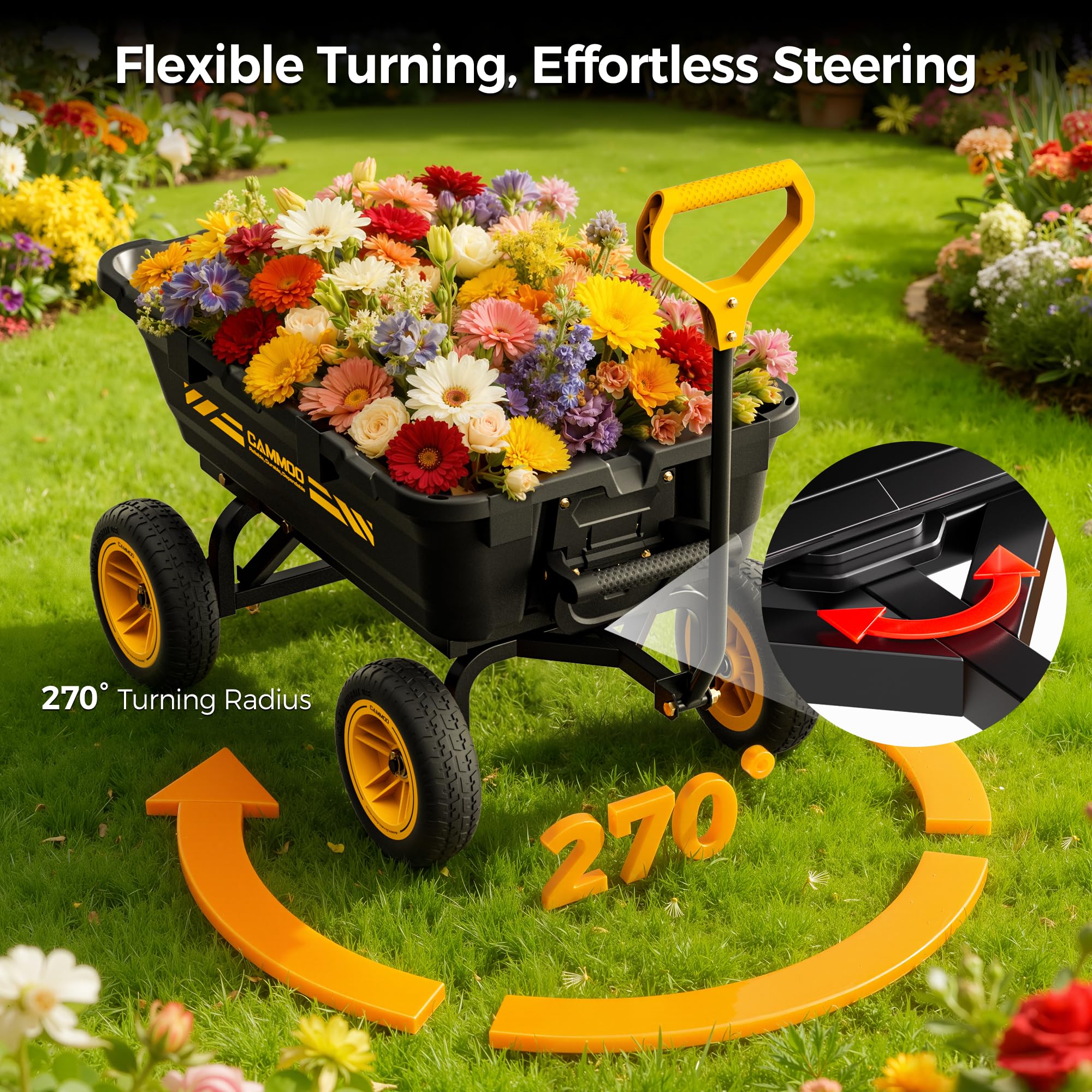 CAMMOO 900lbs Utility Heavy-Duty Garden Dump Cart Wagon DIY Expandable Capacity Over 4 Cu.Ft with 10" NO-FLAT TIRES for Landscaping Gardening