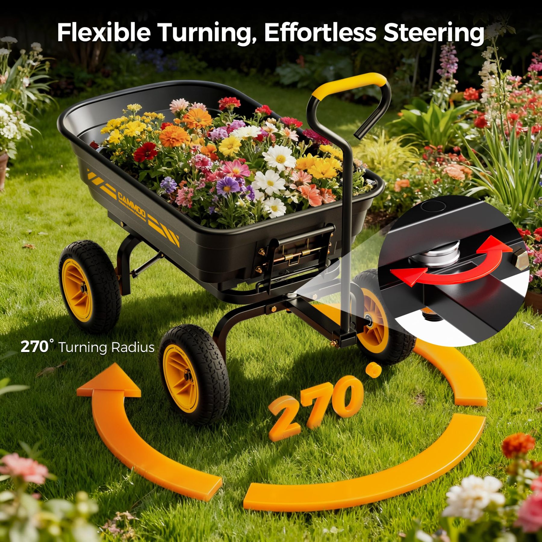 CAMMOO 600 lbs Heavy Duty Garden Dump Cart, 4 Cu. Ft. Utility Wagon with 10" No-Flat Tires, Quick-Release Dumping for Yard, Lawn, Landscaping & Gardening