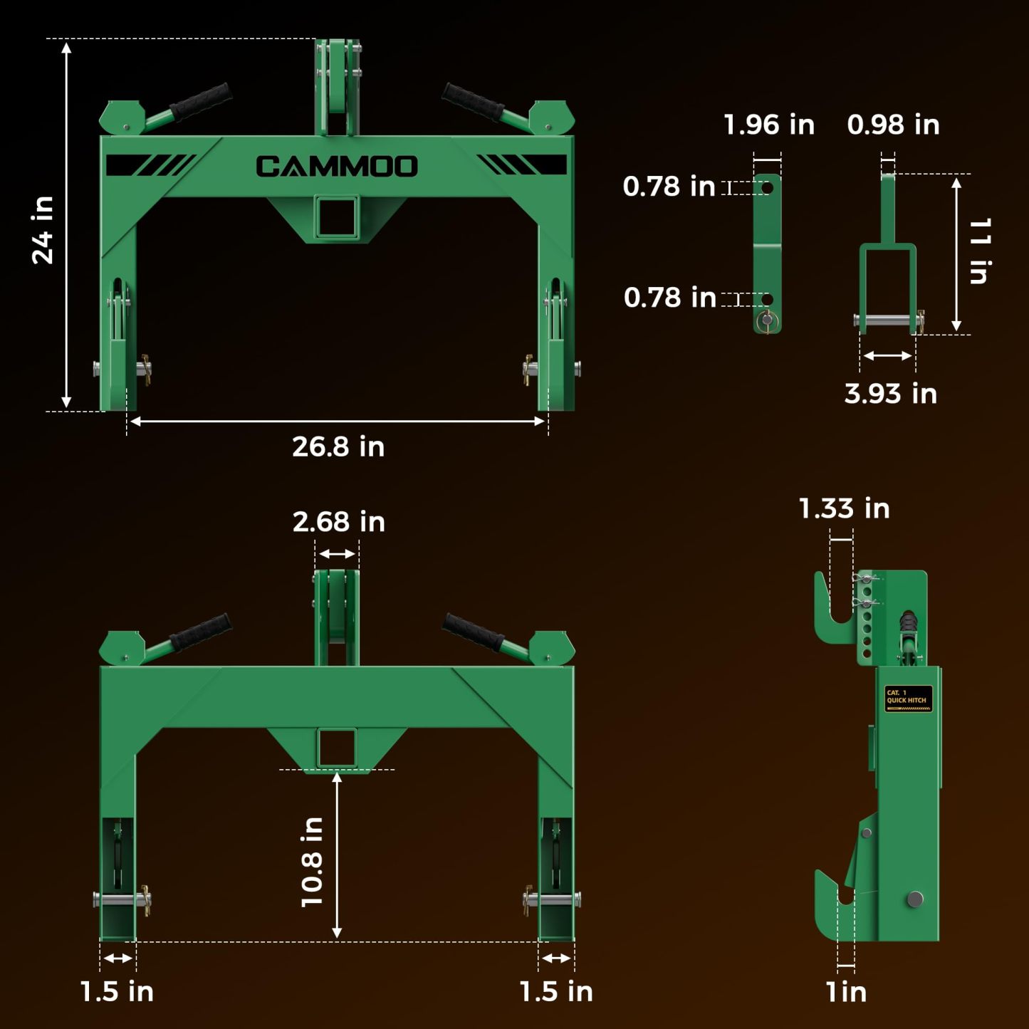 CAMMOO Cat 1 3-Point Quick Hitch with 2" Trailer Hitch Receiver, No Bushing Required Heavy Duty Tractor Accessories and Towing Hitch, 3000 lbs, Green