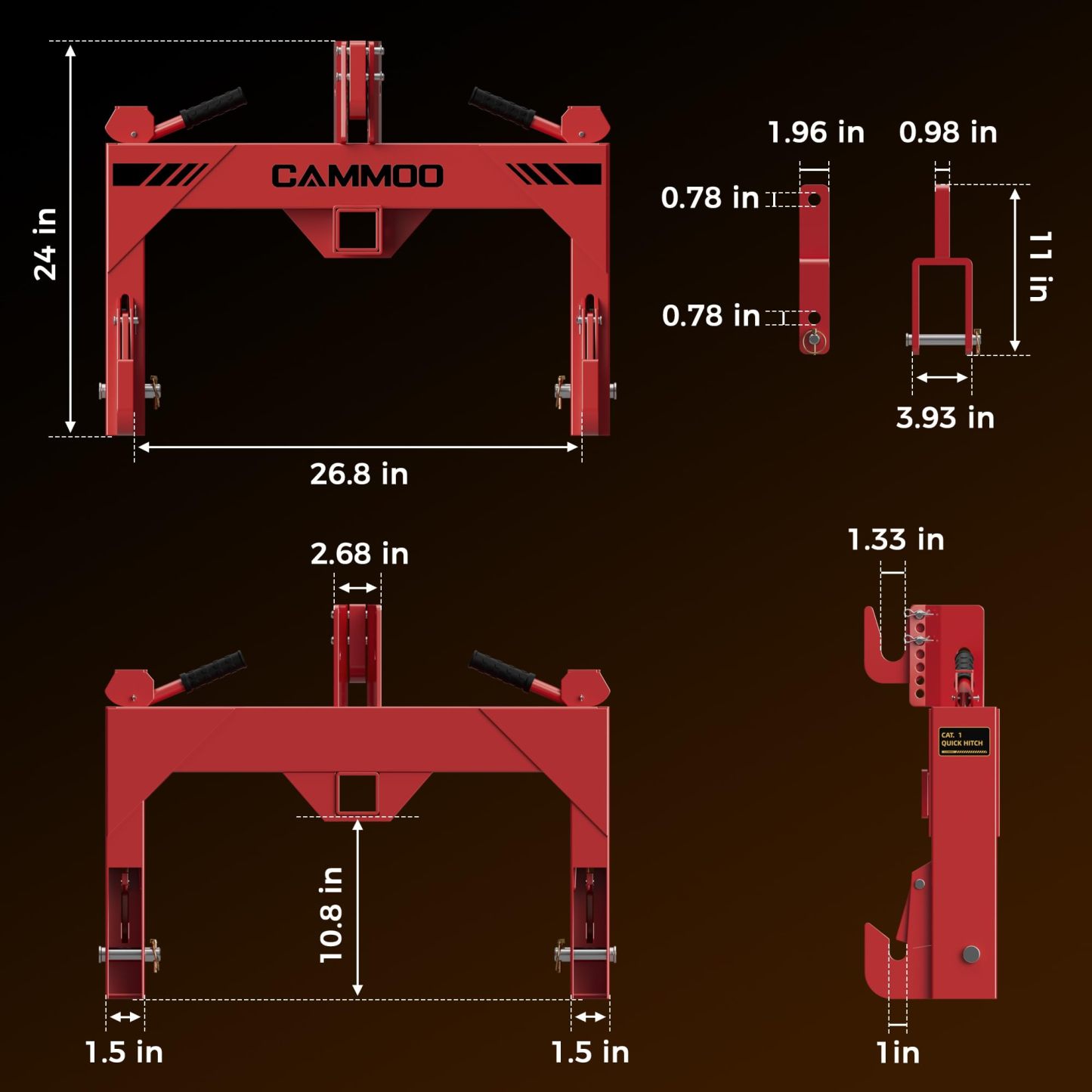 CAMMOO Cat 1 3-Point Quick Hitch with 2" Trailer Hitch Receiver, No Bushing Required Heavy Duty Tractor Accessories and Towing Hitch, 3000 lbs, Red