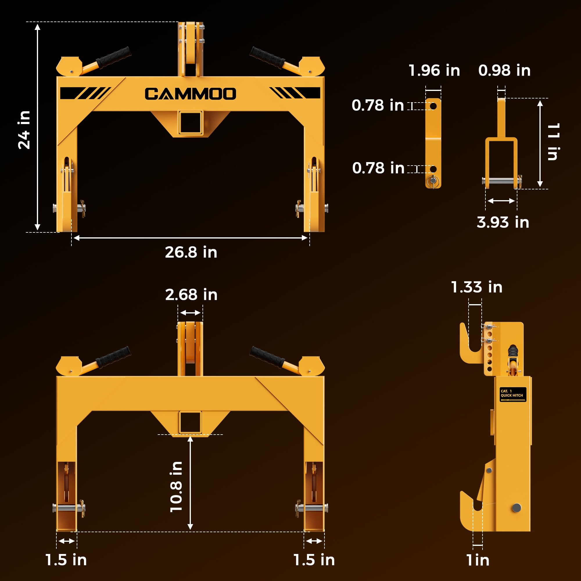 CAMMOO Cat 1 3-Point Quick Hitch with 2" Trailer Hitch Receiver, No Bushing Required Heavy Duty Tractor Accessories and Towing Hitch, 3000 lbs, Yellow