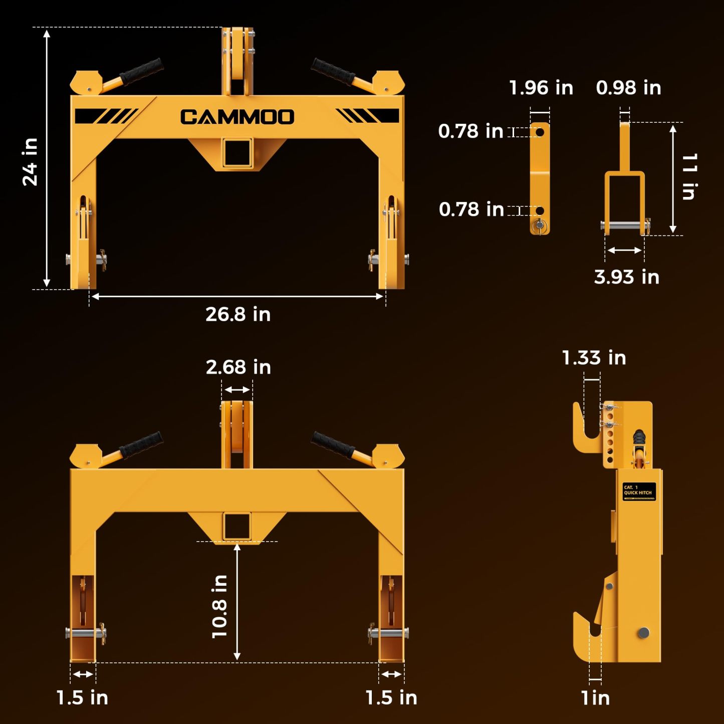 CAMMOO Cat 1 3-Point Quick Hitch with 2" Trailer Hitch Receiver, No Bushing Required Heavy Duty Tractor Accessories and Towing Hitch, 3000 lbs, Yellow