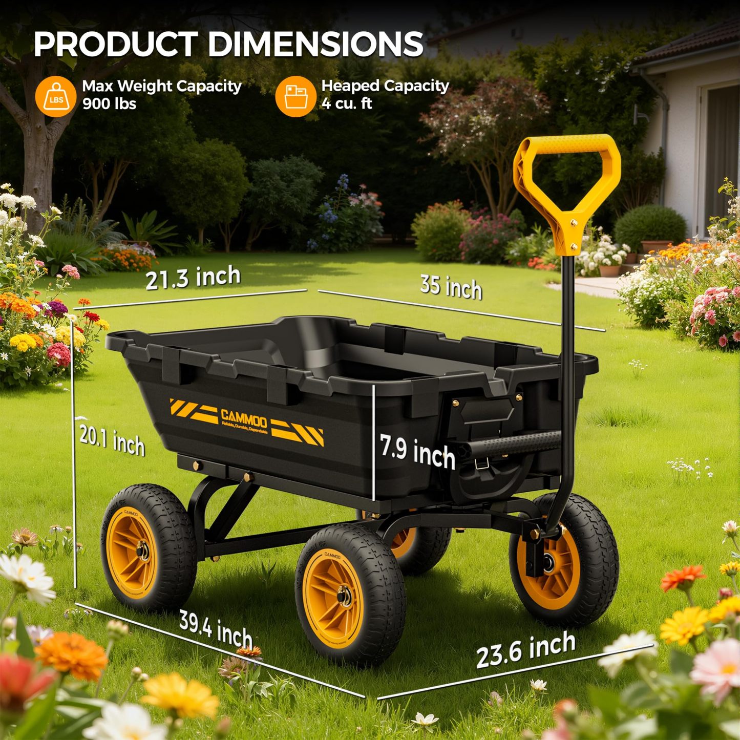 CAMMOO 900lbs Utility Heavy-Duty Garden Dump Cart Wagon DIY Expandable Capacity Over 4 Cu.Ft with 10" NO-FLAT TIRES for Landscaping Gardening