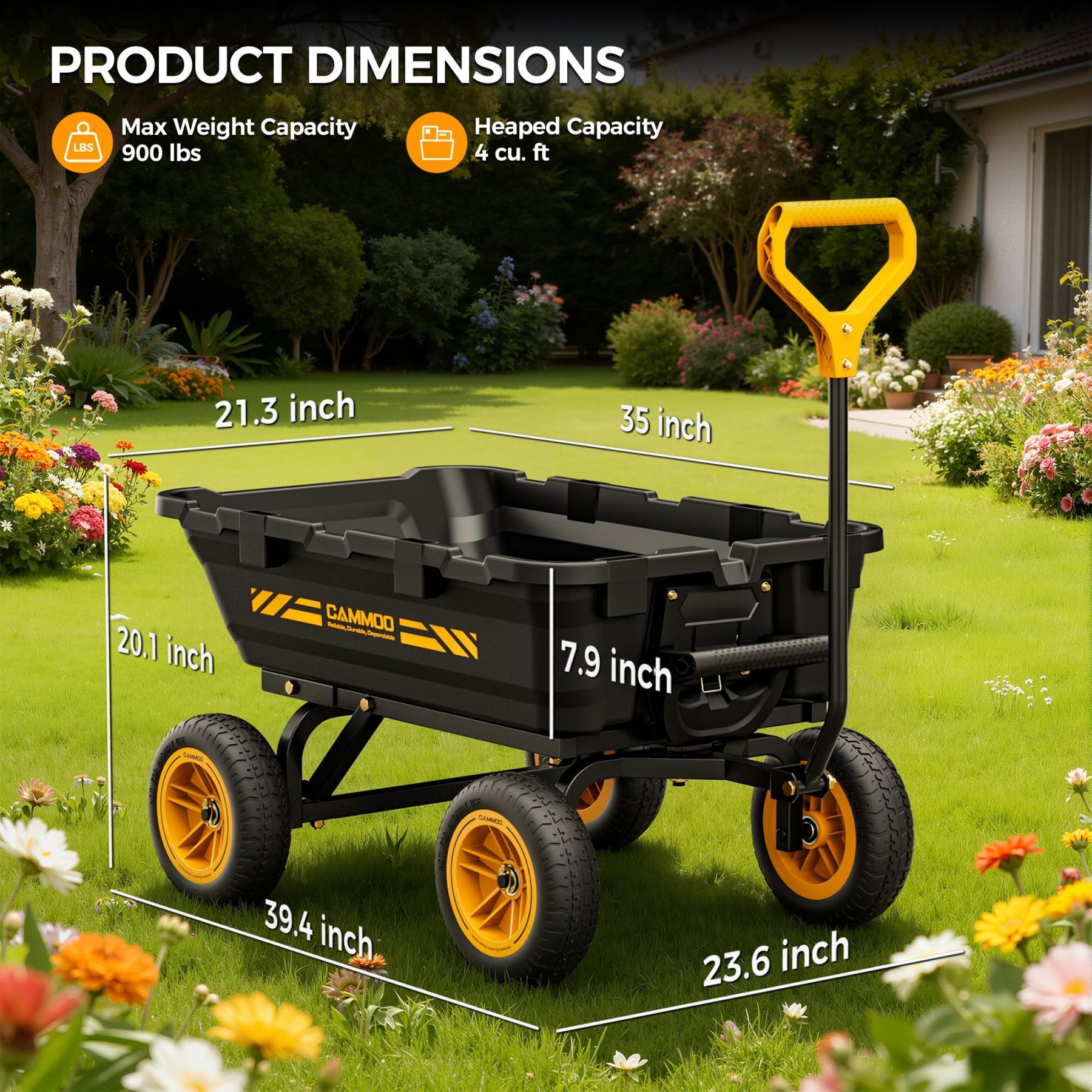CAMMOO 900lbs Utility Heavy-Duty Garden Dump Cart Wagon DIY Expandable Capacity Over 4 Cu.Ft with 10" NO-FLAT TIRES for Landscaping Gardening