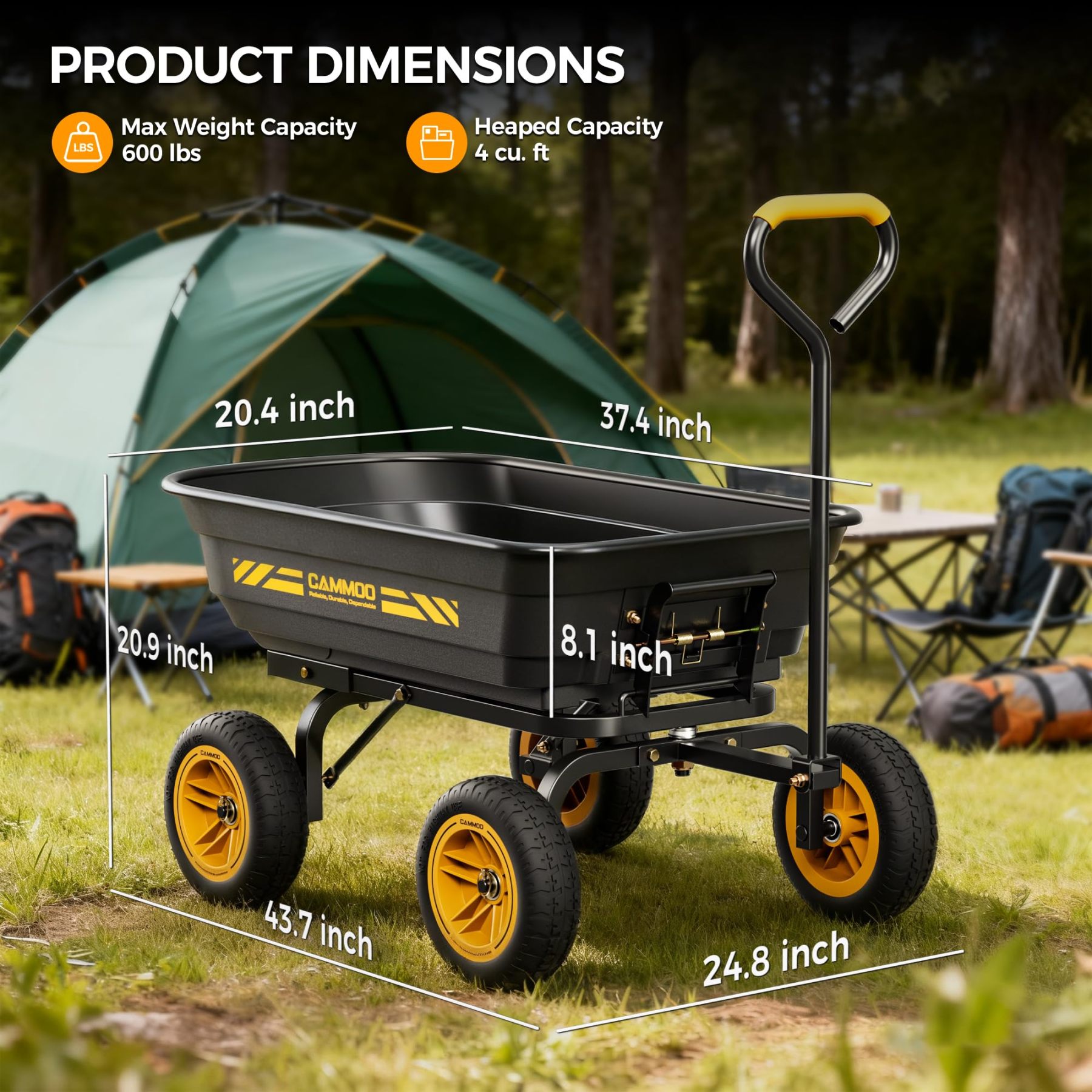 CAMMOO 600 lbs Heavy Duty Garden Dump Cart, 4 Cu. Ft. Utility Wagon with 10" No-Flat Tires, Quick-Release Dumping for Yard, Lawn, Landscaping & Gardening