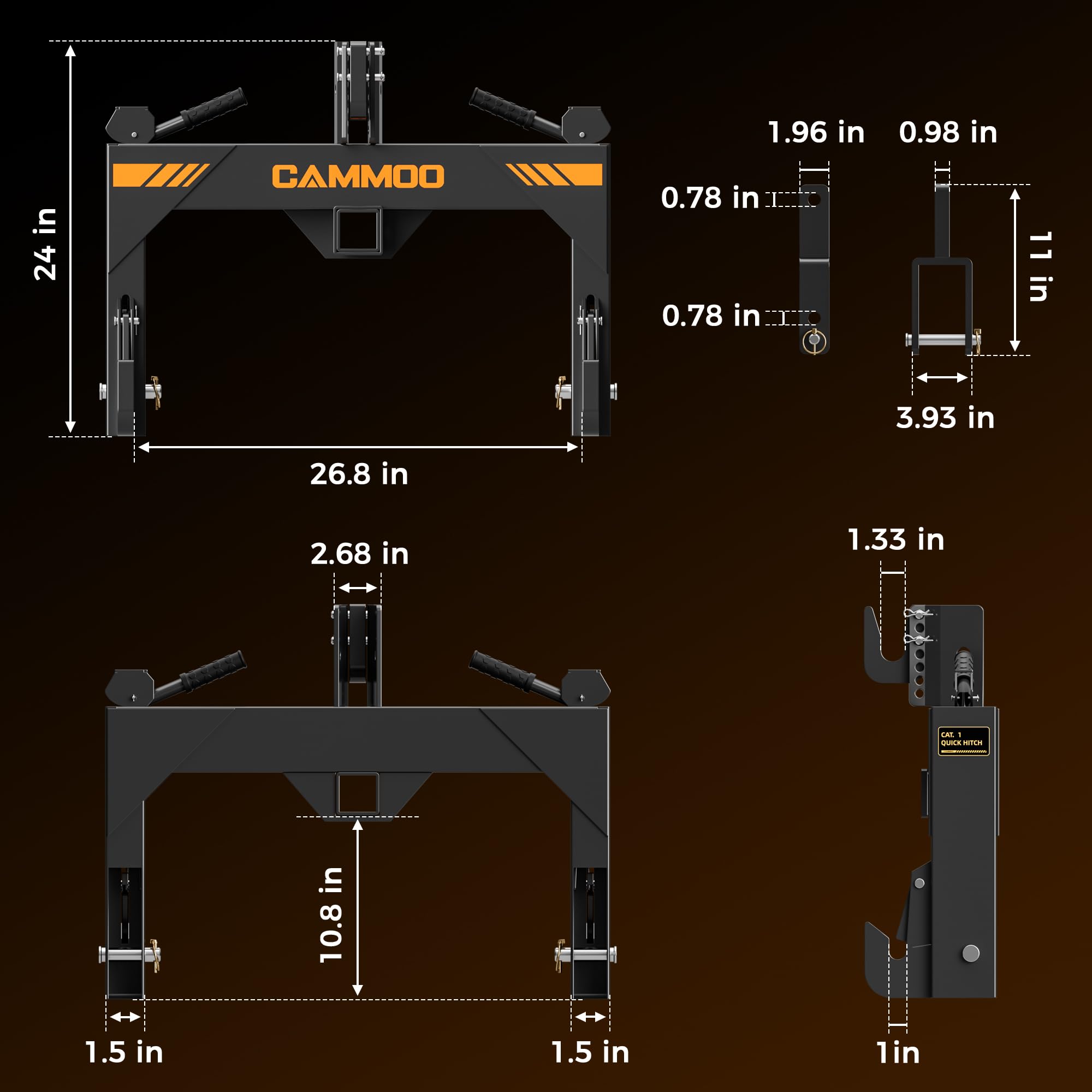 CAMMOO Cat 1 3-Point Quick Hitch with 2" Trailer Hitch Receiver, No Bushing Required Heavy Duty Tractor Accessories and Towing Hitch, 3000 lbs, Black