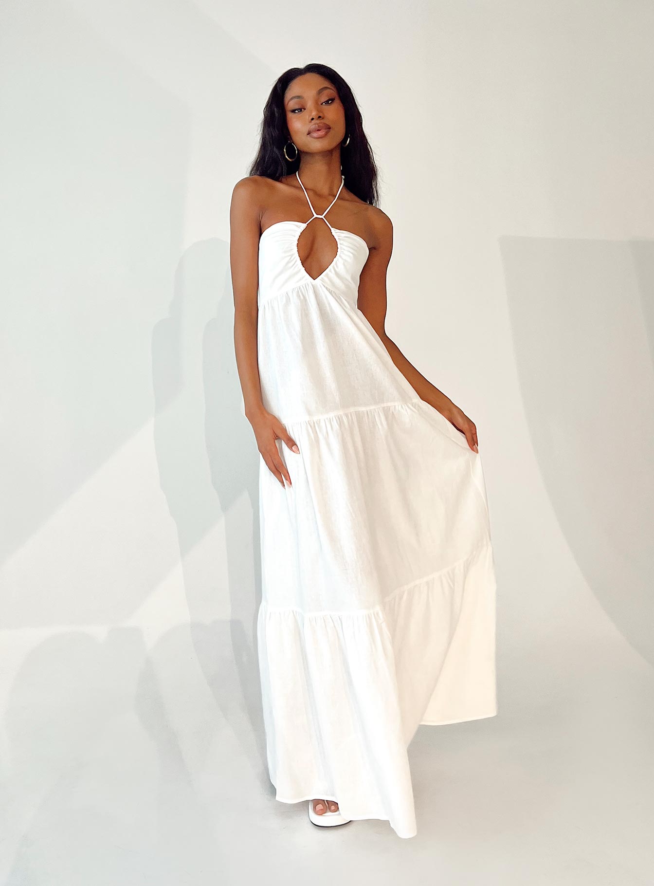 side view of model wearing Princess Polly Lincoln Maxi Dress White