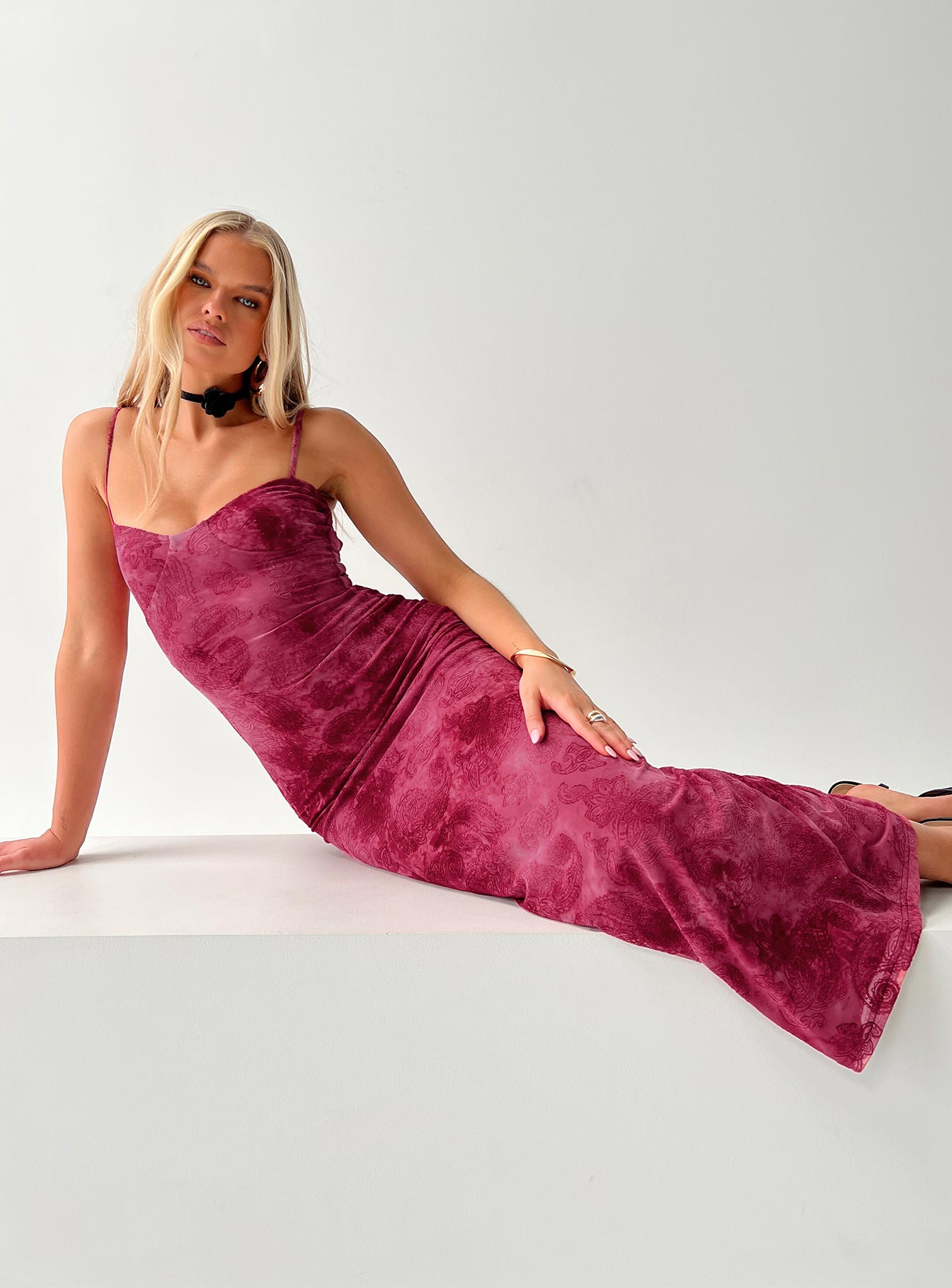 front view of model wearing Princess Polly Orla Paisley Maxi Dress Burgundy Sweetheart Neckline